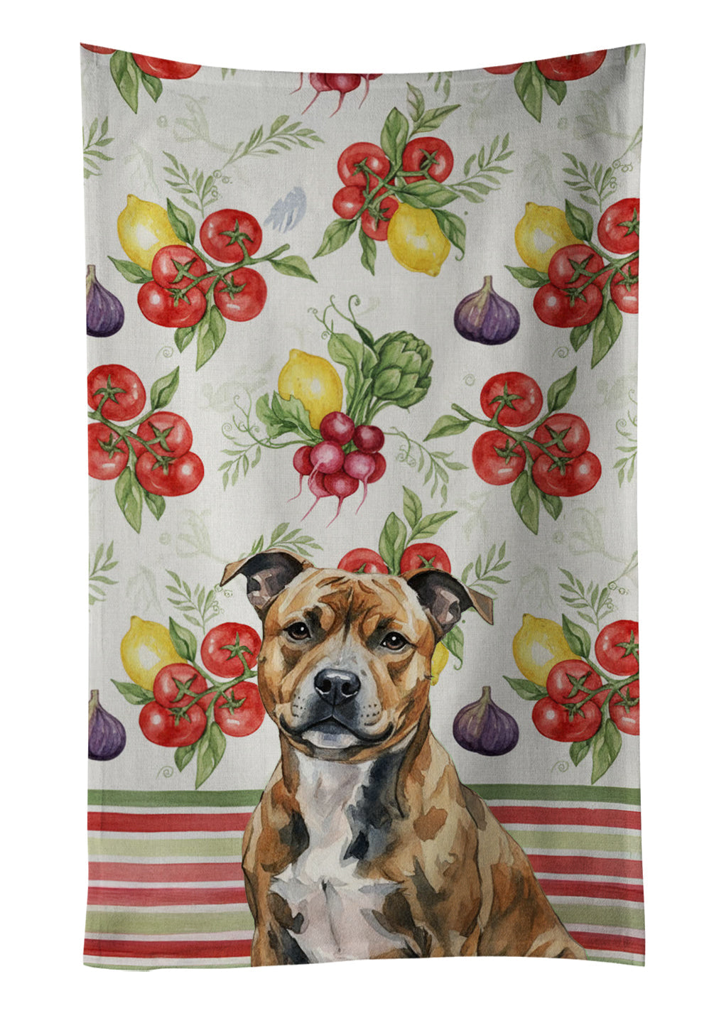 Brindle Staffordshire Bull Terrier Vegetables Kitchen Towel Velour Plush Front and Cotton Loop Back Machine Washable