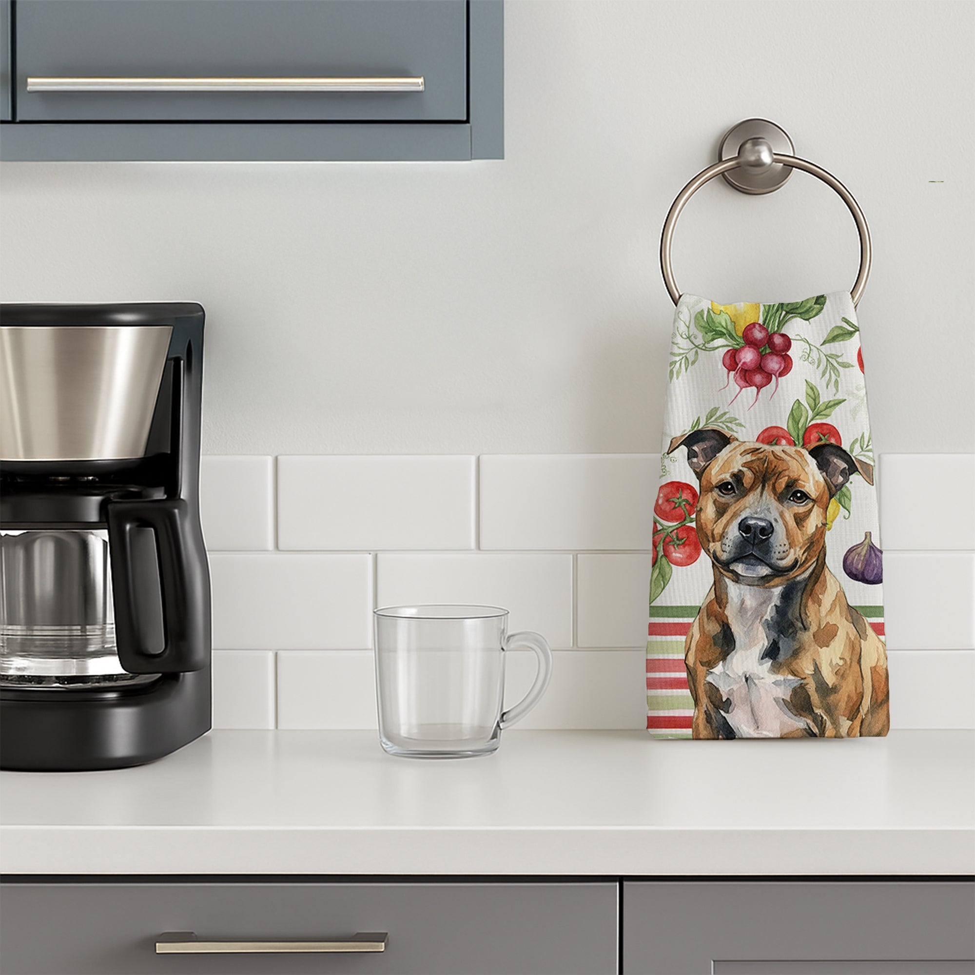 Brindle Staffordshire Bull Terrier Vegetables Kitchen Towel Velour Plush Front and Cotton Loop Back Machine Washable