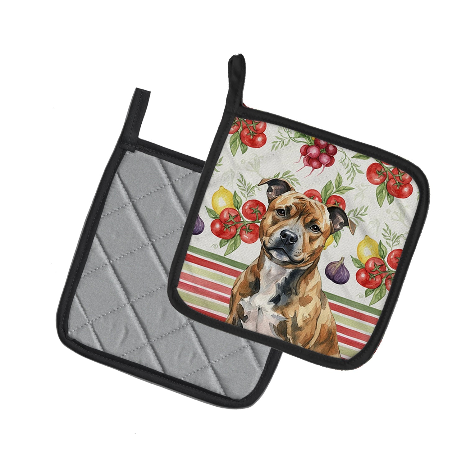 Brindle Staffordshire Bull Terrier Vegetables Pot Holder Set of 2 Heat Resistant Quilted Hot Pads 7.5 x 7.5 Inch, Insulated Kitchen Trivets for Cooking & Baking