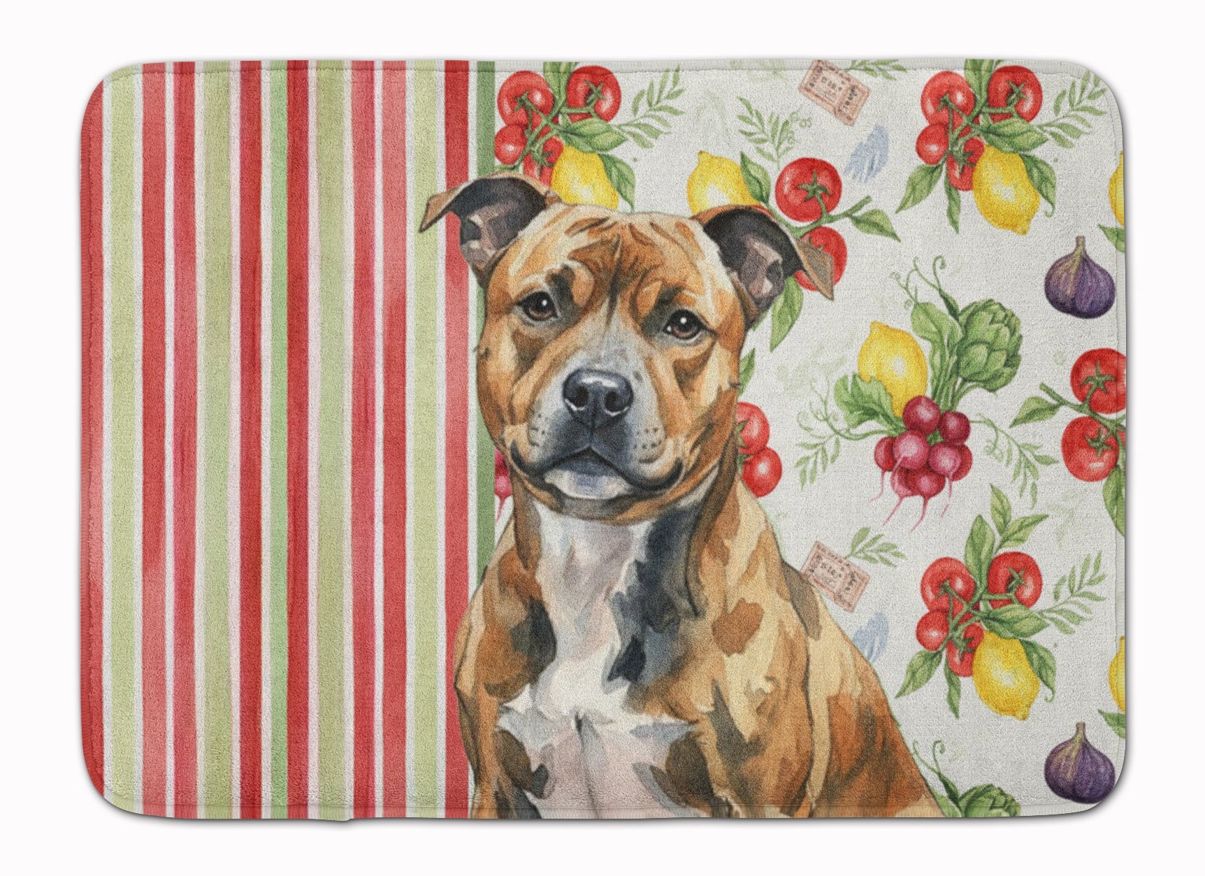 Brindle Staffordshire Bull Terrier Vegetables Memory Foam Kitchen Mat Machine Washable Anti-Fatigue Cushion Comfort Bath or Kitchen Rug