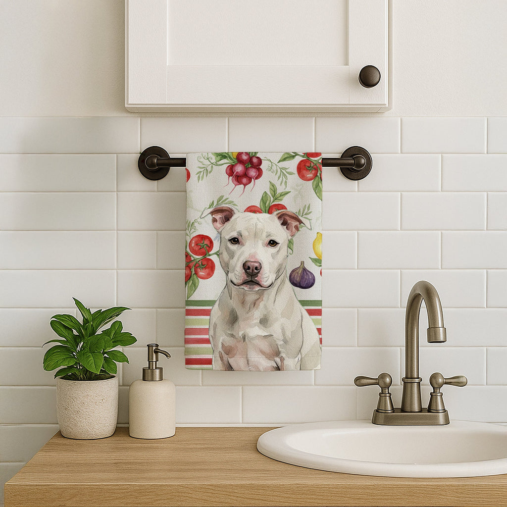 White Staffordshire Bull Terrier Vegetables Kitchen Towel Velour Plush Front and Cotton Loop Back Machine Washable