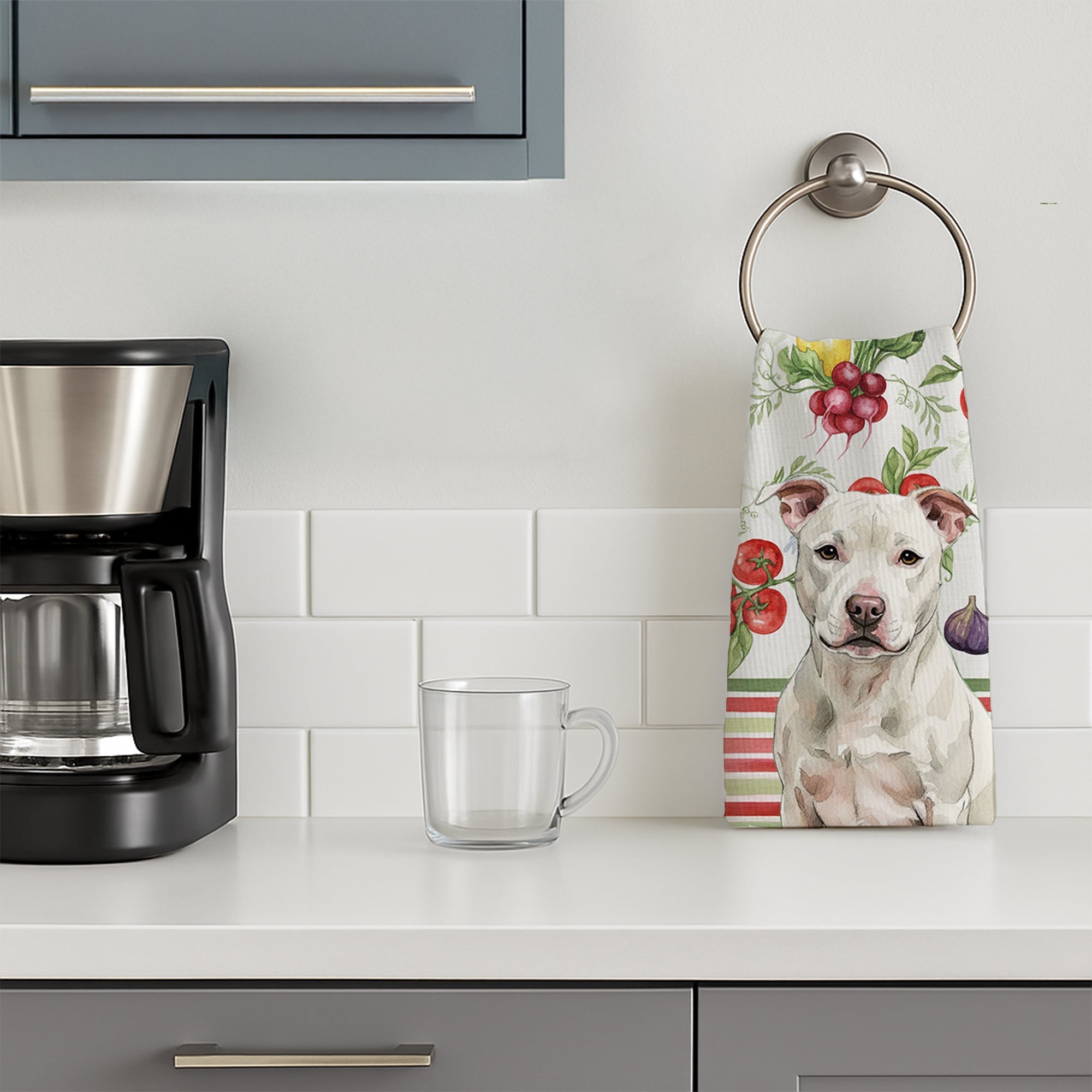 White Staffordshire Bull Terrier Vegetables Kitchen Towel Velour Plush Front and Cotton Loop Back Machine Washable