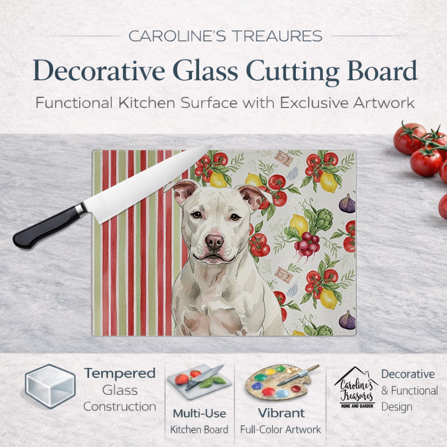 White Staffordshire Bull Terrier Vegetables Cutting Board Tempered Glass Kitchen Cutting Surface, Heat Resistant Chopping, Non-Slip Feet, Food Prep & Serving