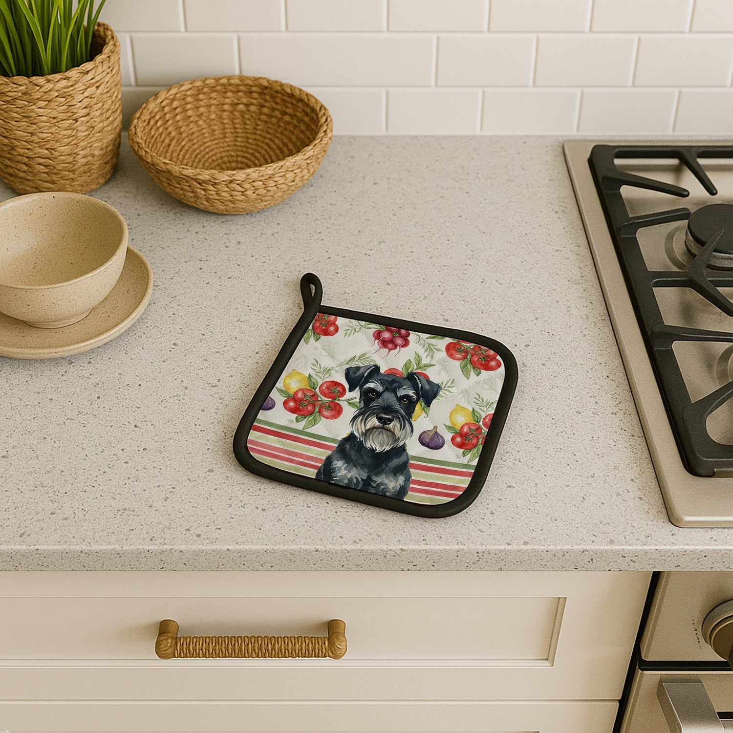 Standard Schnauzer Vegetables Pot Holder Set of 2 Heat Resistant Quilted Hot Pads 7.5 x 7.5 Inch, Insulated Kitchen Trivets for Cooking & Baking