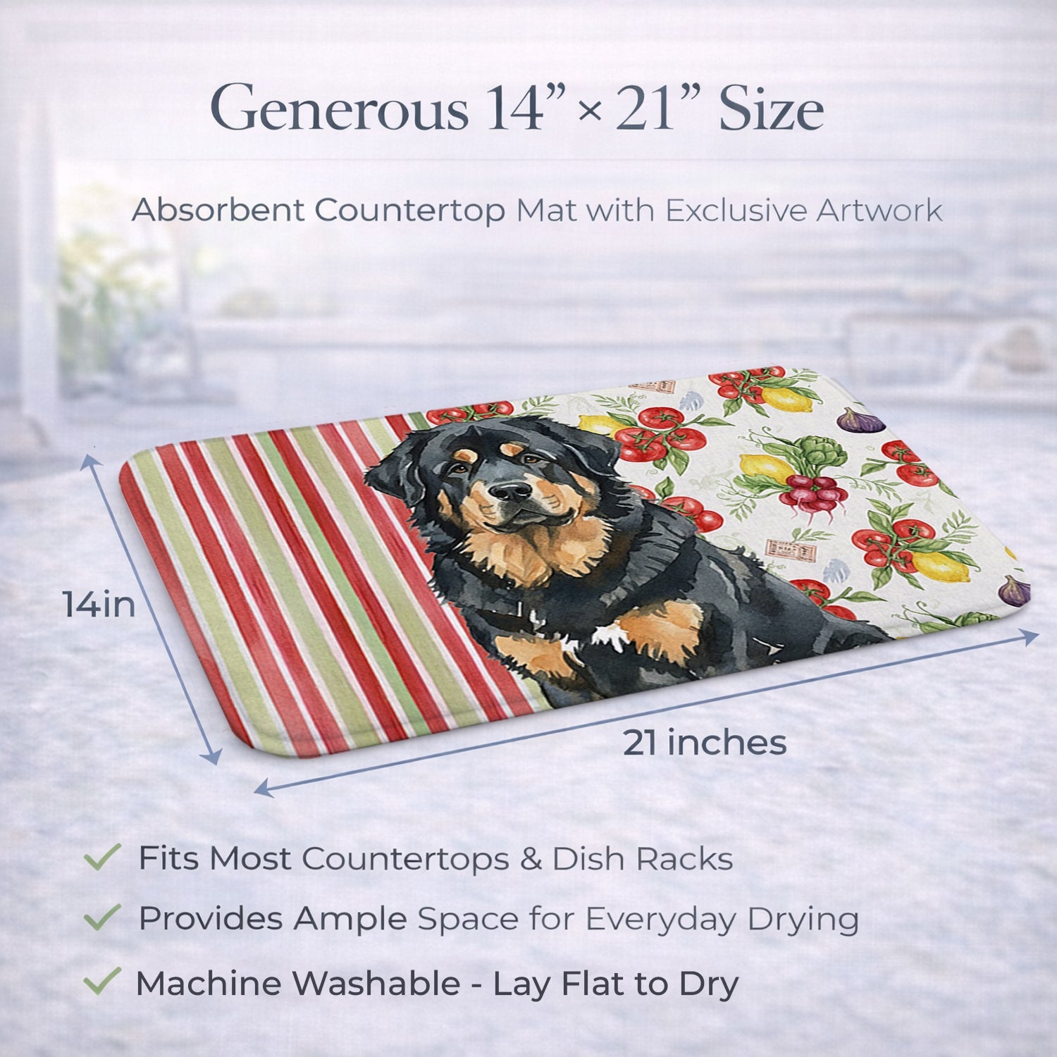 Black and Tan Tibetan Mastiff Vegetables Dish Drying Mat Absorbent Dish Drying Mat Pad for Kitchen Counter Dish Drainer Mat for Countertop, 14 x 21", Multicolor