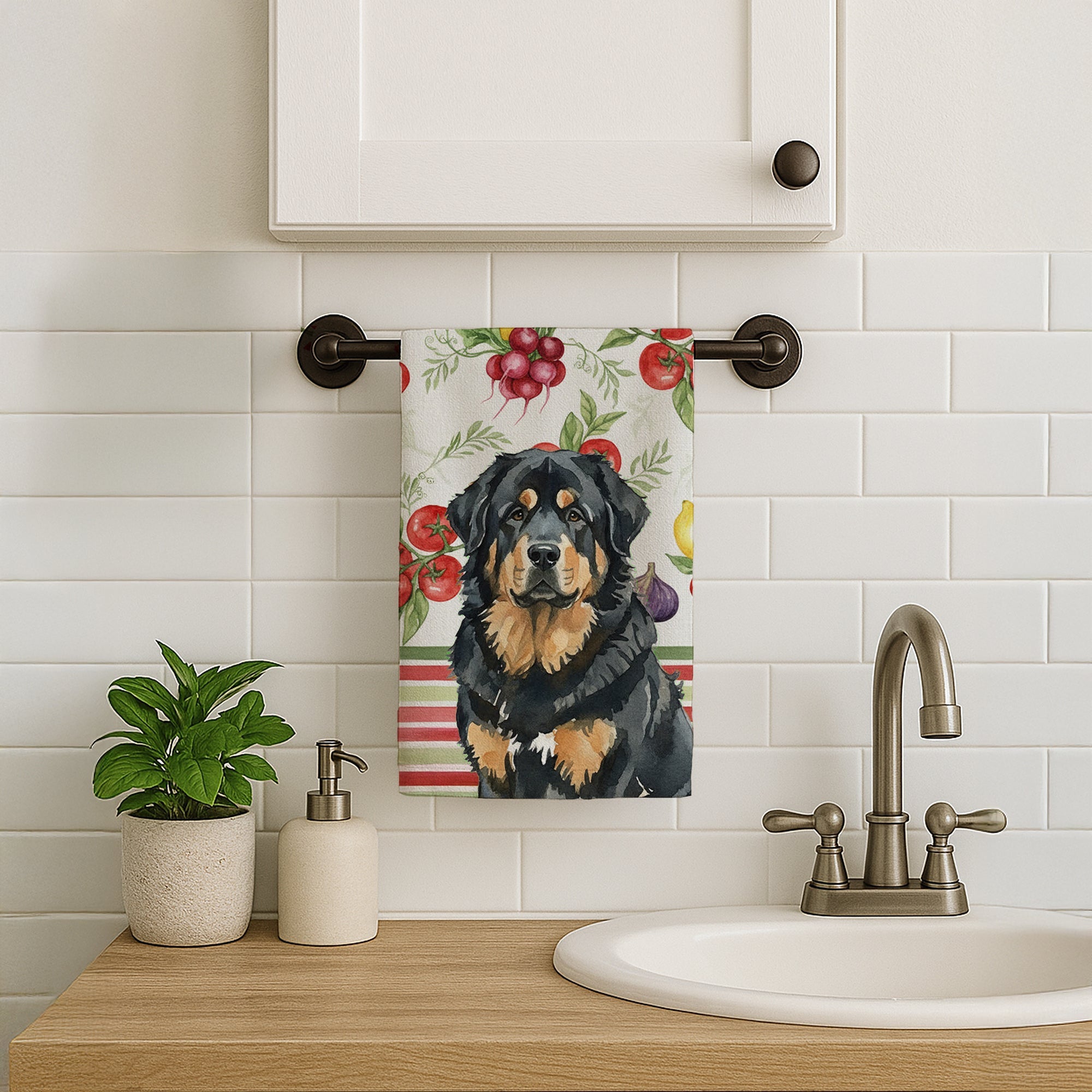 Black and Tan Tibetan Mastiff Vegetables Kitchen Towel Velour Plush Front and Cotton Loop Back Machine Washable