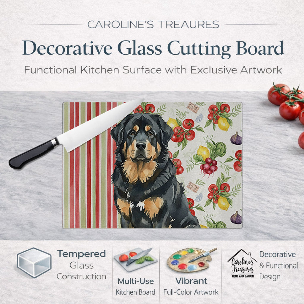 Black and Tan Tibetan Mastiff Vegetables Cutting Board Tempered Glass Kitchen Cutting Surface, Heat Resistant Chopping, Non-Slip Feet, Food Prep & Serving