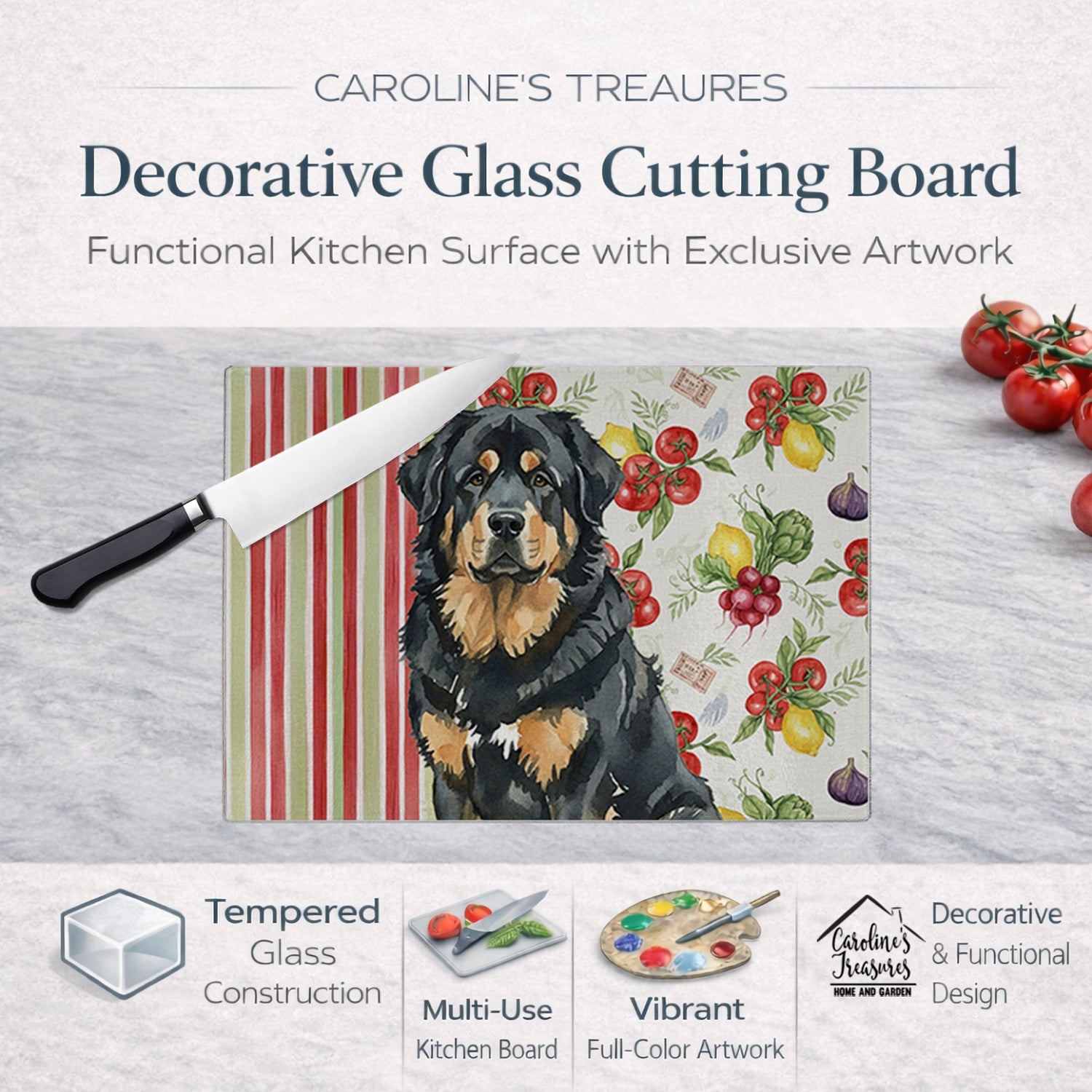 Black and Tan Tibetan Mastiff Vegetables Cutting Board Tempered Glass Kitchen Cutting Surface, Heat Resistant Chopping, Non-Slip Feet, Food Prep & Serving