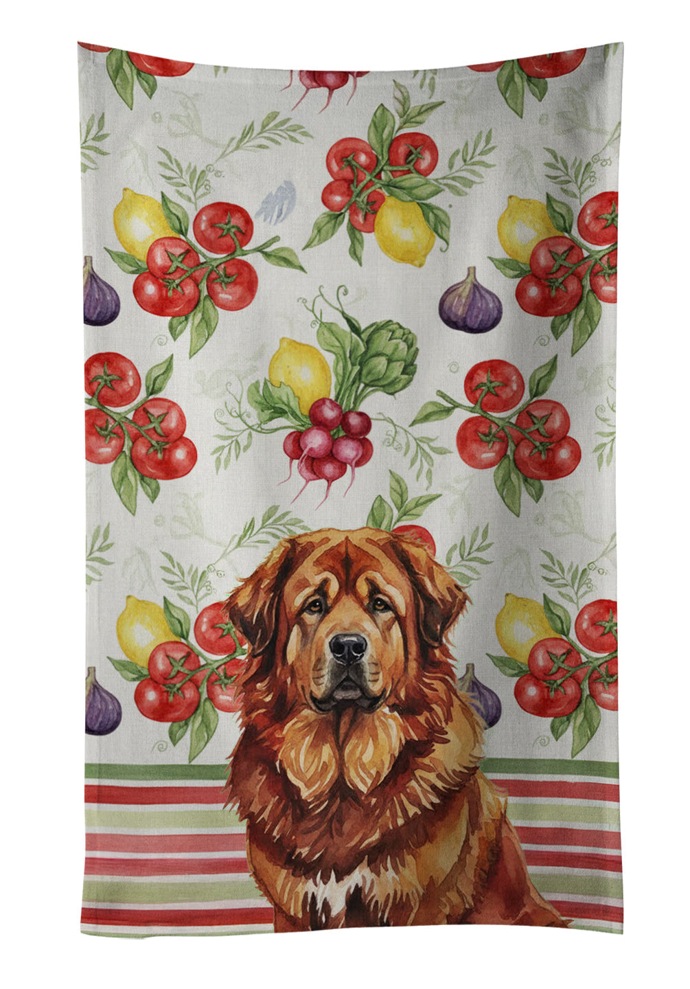 Red Gold Tibetan Mastiff Vegetables Kitchen Towel Velour Plush Front and Cotton Loop Back Machine Washable