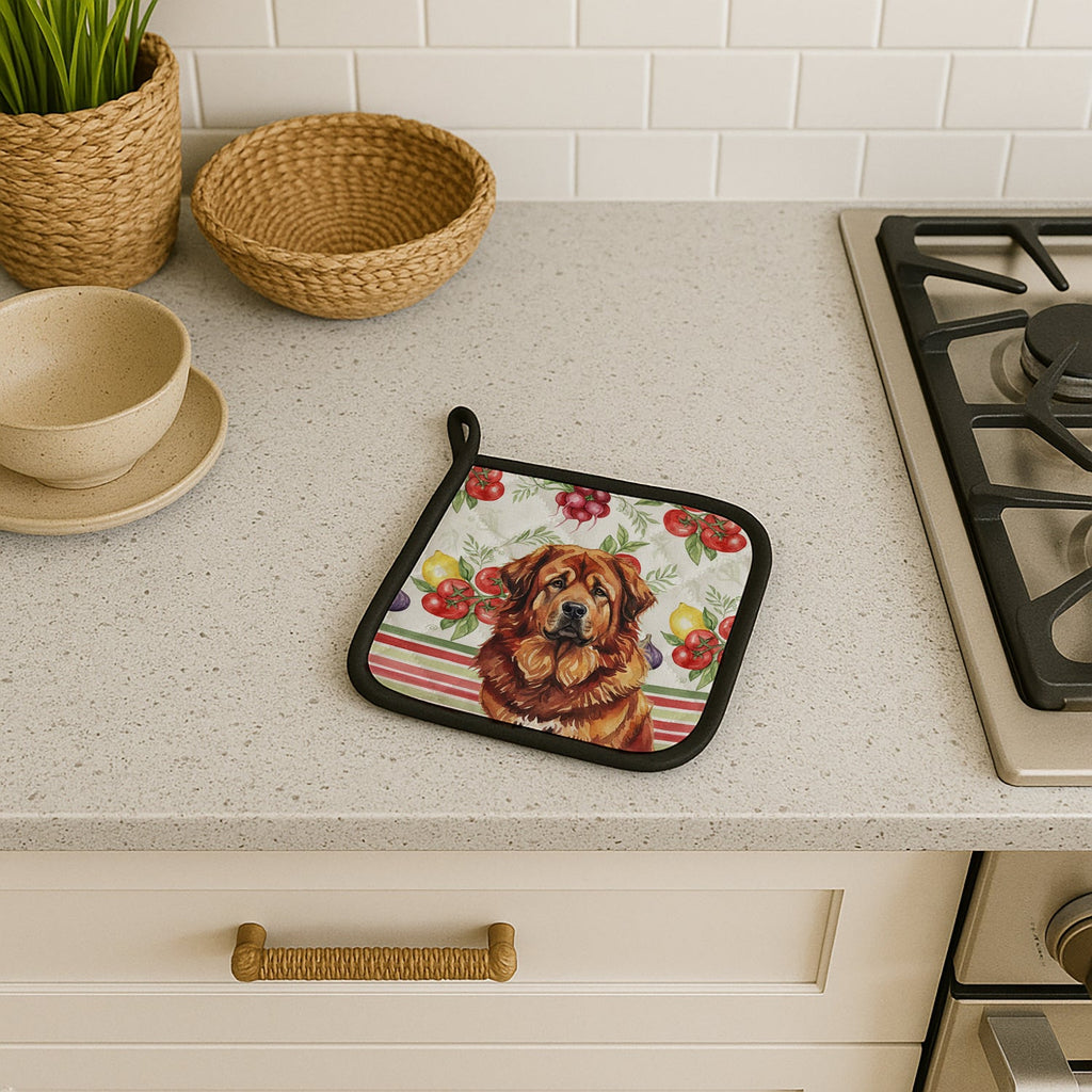 Red Gold Tibetan Mastiff Vegetables Pot Holder Set of 2 Heat Resistant Quilted Hot Pads 7.5 x 7.5 Inch, Insulated Kitchen Trivets for Cooking & Baking