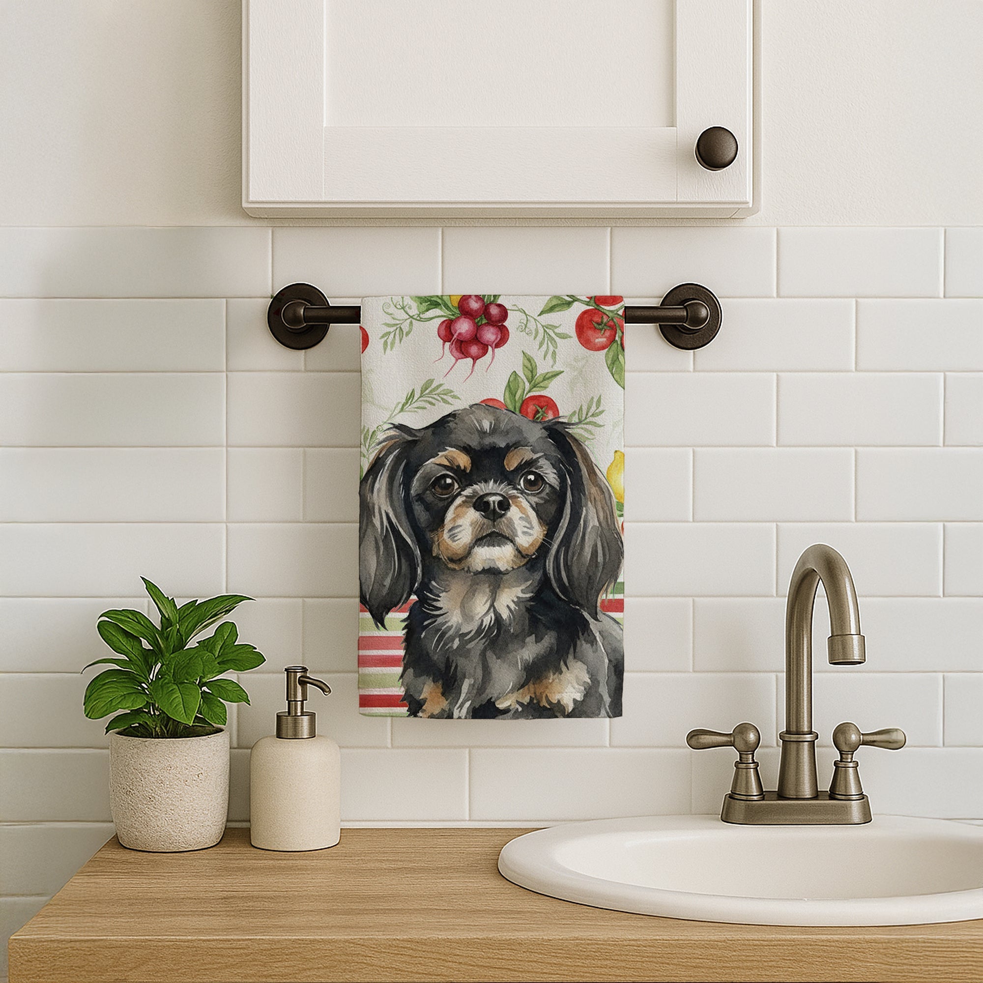 Black and Tan Tibetan Spaniel Vegetables Kitchen Towel Velour Plush Front and Cotton Loop Back Machine Washable