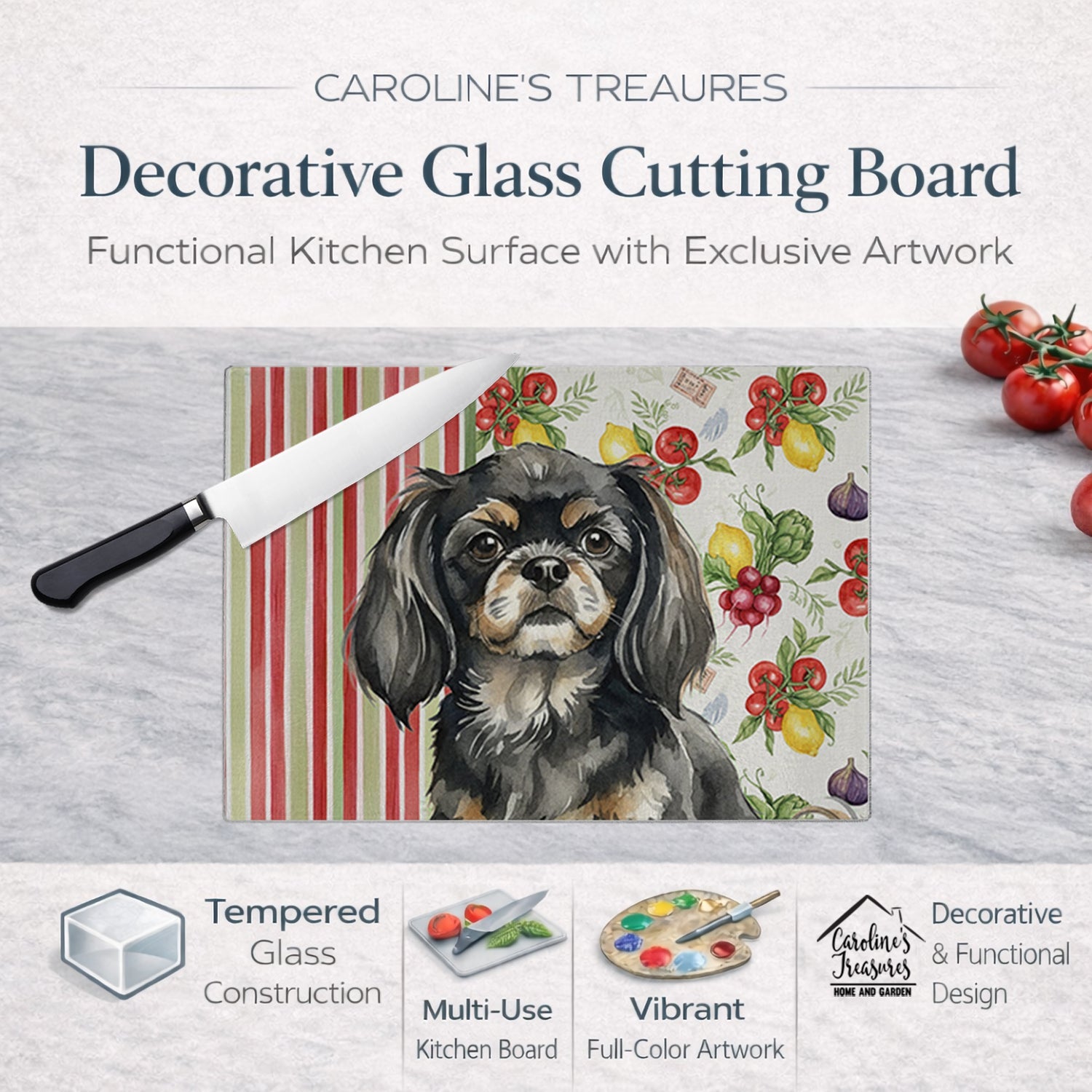 Black and Tan Tibetan Spaniel Vegetables Cutting Board Tempered Glass Kitchen Cutting Surface, Heat Resistant Chopping, Non-Slip Feet, Food Prep & Serving