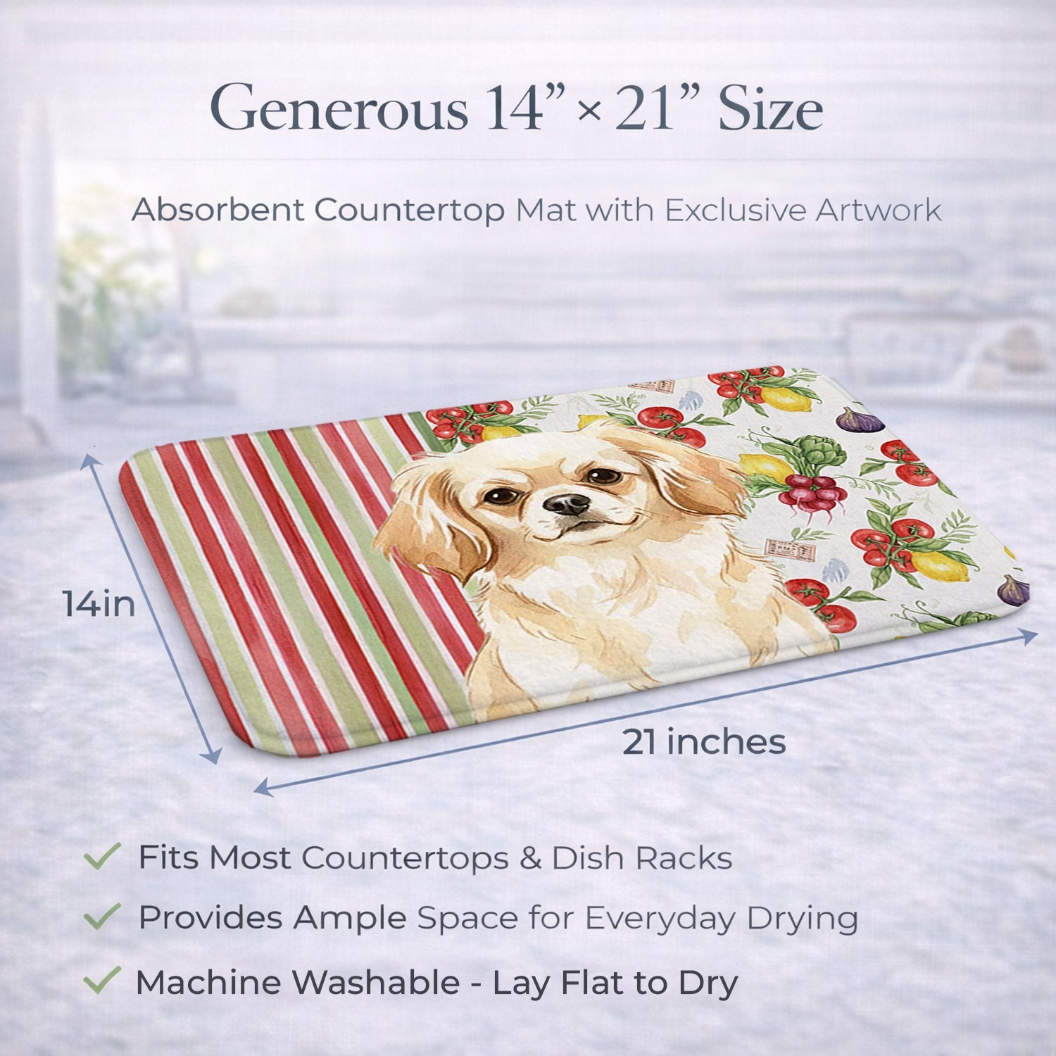 Cream Tibetan Spaniel Vegetables Dish Drying Mat Absorbent Dish Drying Mat Pad for Kitchen Counter Dish Drainer Mat for Countertop, 14 x 21", Multicolor