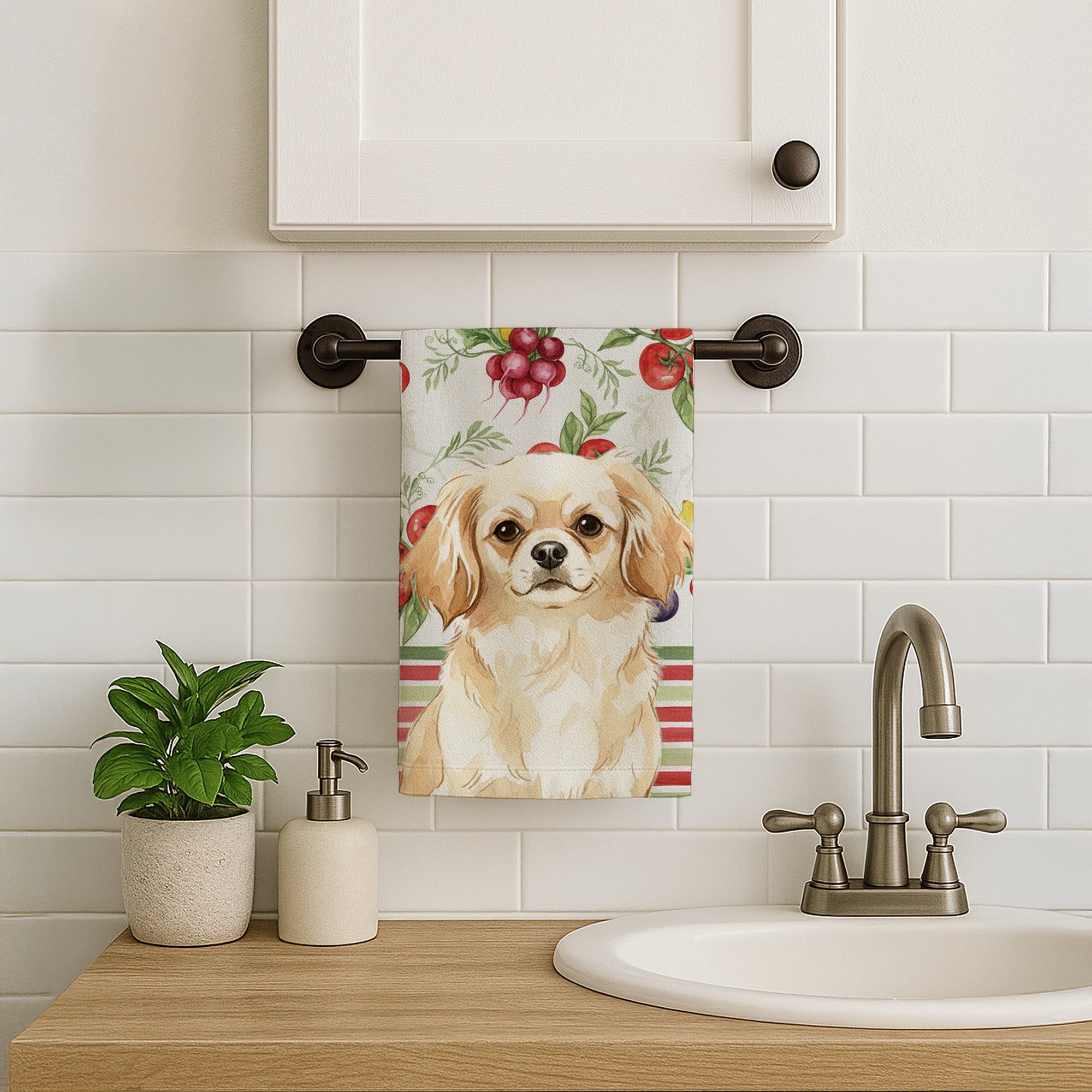 Cream Tibetan Spaniel Vegetables Kitchen Towel Velour Plush Front and Cotton Loop Back Machine Washable