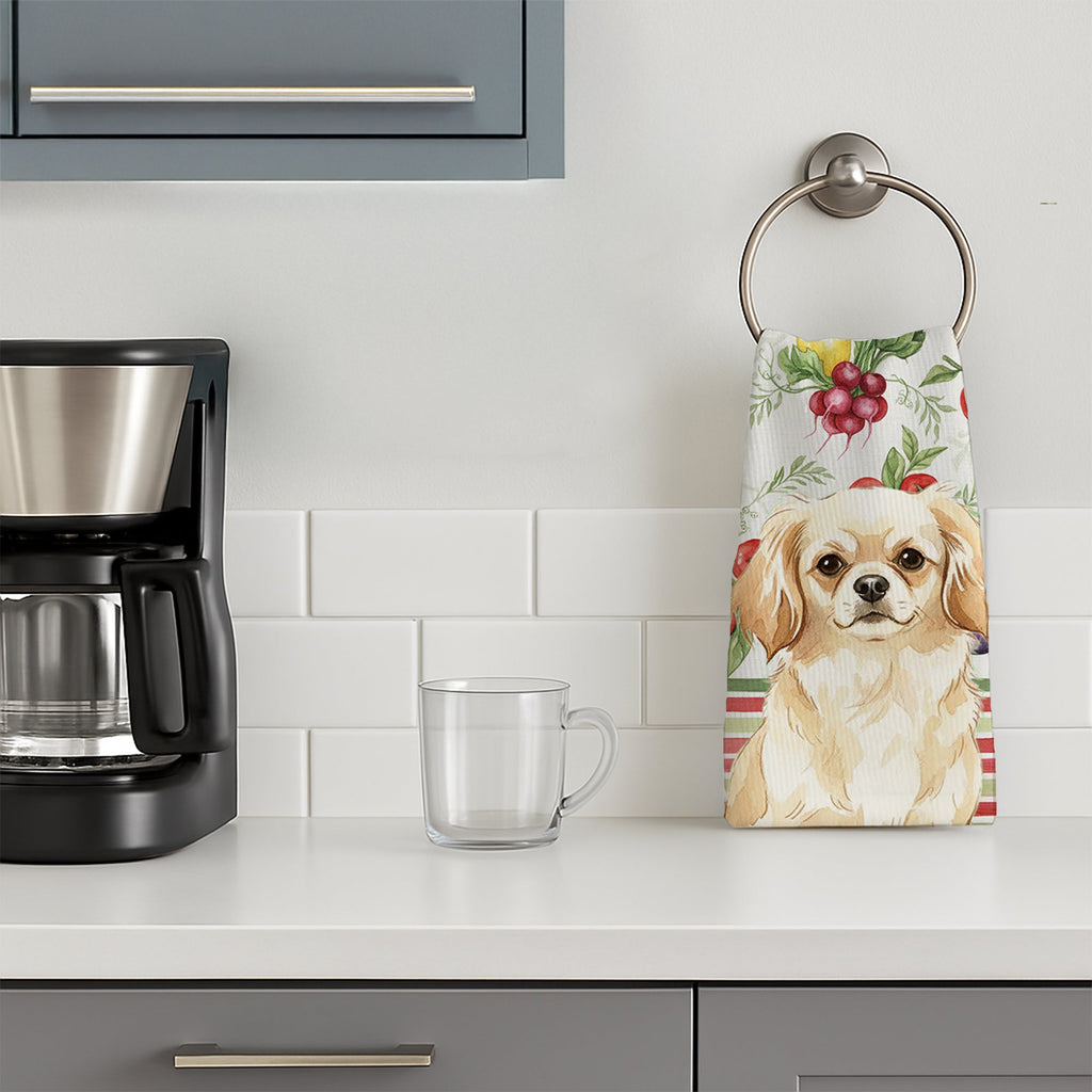 Cream Tibetan Spaniel Vegetables Kitchen Towel Velour Plush Front and Cotton Loop Back Machine Washable