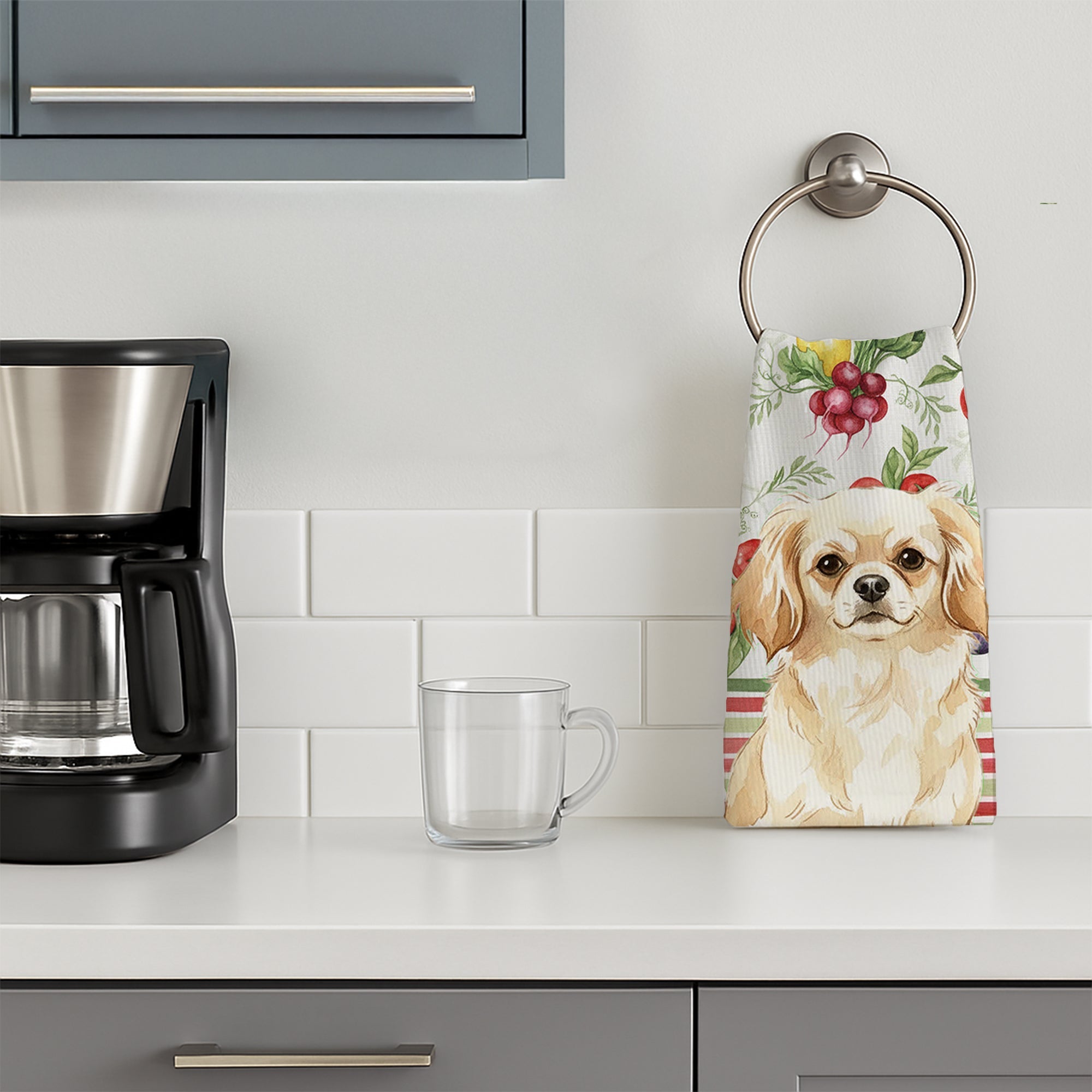 Cream Tibetan Spaniel Vegetables Kitchen Towel Velour Plush Front and Cotton Loop Back Machine Washable