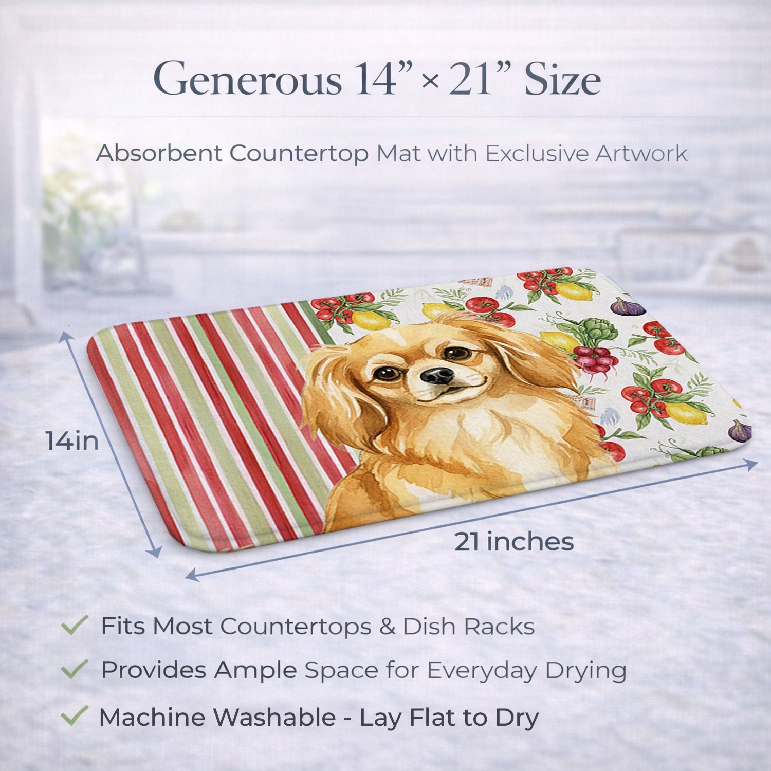 Gold Tibetan Spaniel Vegetables Dish Drying Mat Absorbent Dish Drying Mat Pad for Kitchen Counter Dish Drainer Mat for Countertop, 14 x 21", Multicolor