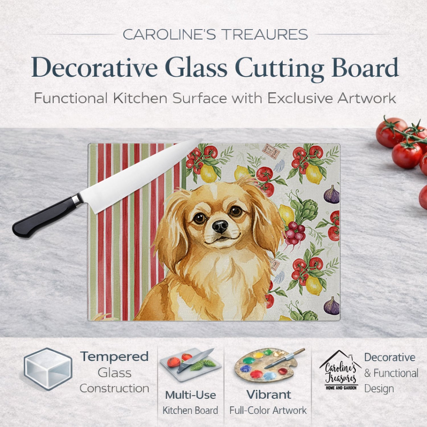 Gold Tibetan Spaniel Vegetables Cutting Board Tempered Glass Kitchen Cutting Surface, Heat Resistant Chopping, Non-Slip Feet, Food Prep & Serving