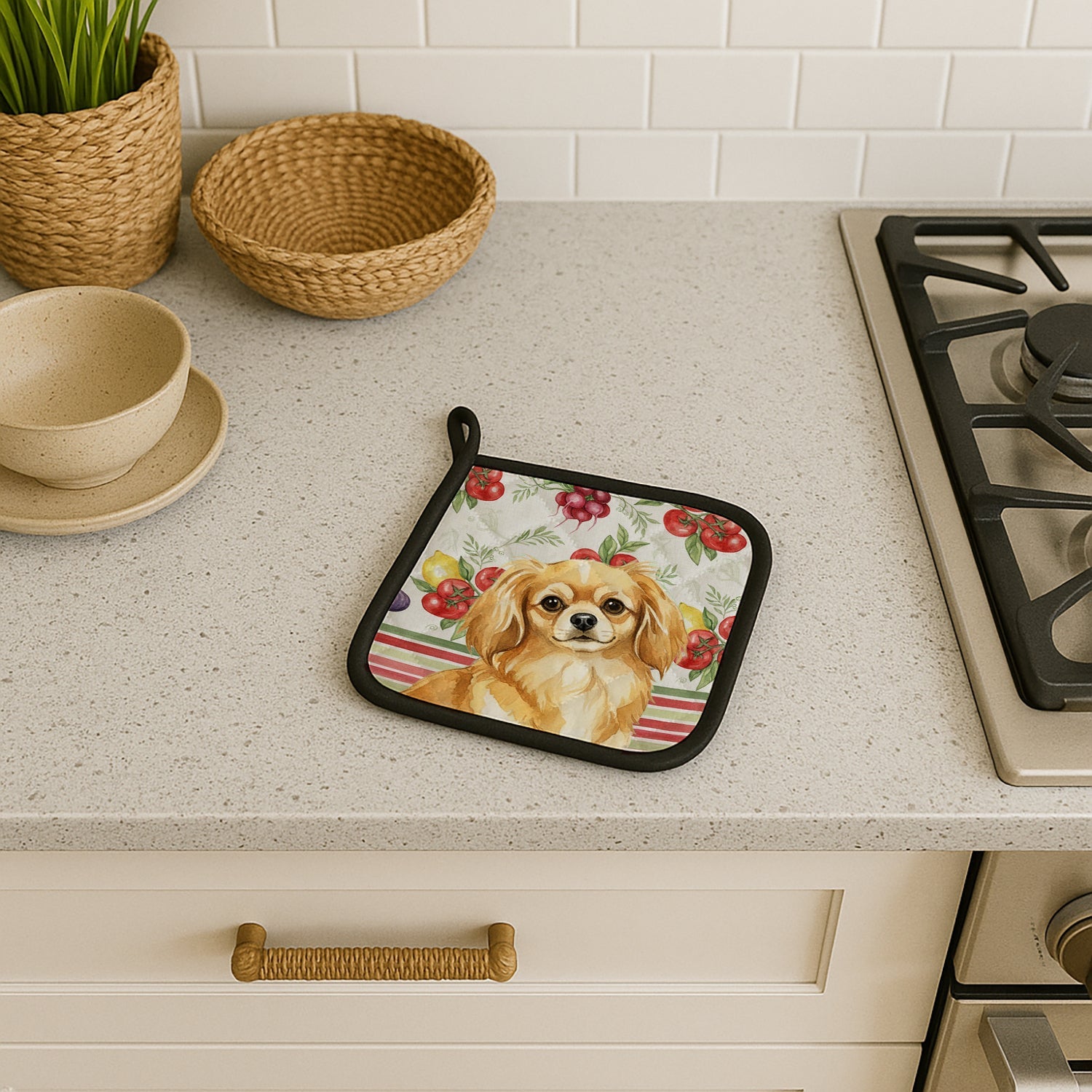 Gold Tibetan Spaniel Vegetables Pot Holder Set of 2 Heat Resistant Quilted Hot Pads 7.5 x 7.5 Inch, Insulated Kitchen Trivets for Cooking & Baking