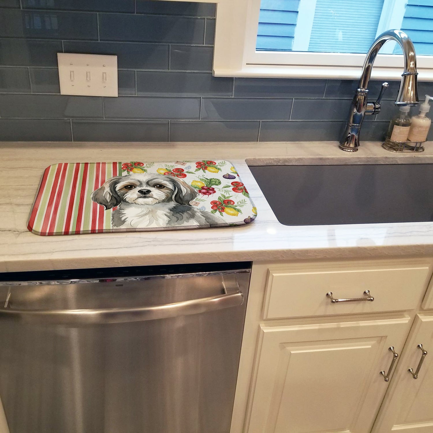 Grey and White Tibetan Spaniel Vegetables Dish Drying Mat Absorbent Dish Drying Mat Pad for Kitchen Counter Dish Drainer Mat for Countertop, 14 x 21", Multicolor