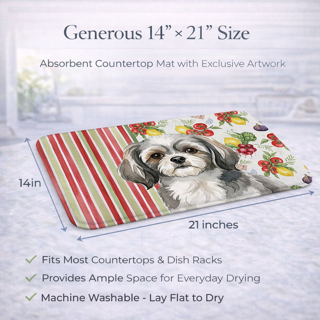 Grey and White Tibetan Spaniel Vegetables Dish Drying Mat Absorbent Dish Drying Mat Pad for Kitchen Counter Dish Drainer Mat for Countertop, 14 x 21", Multicolor