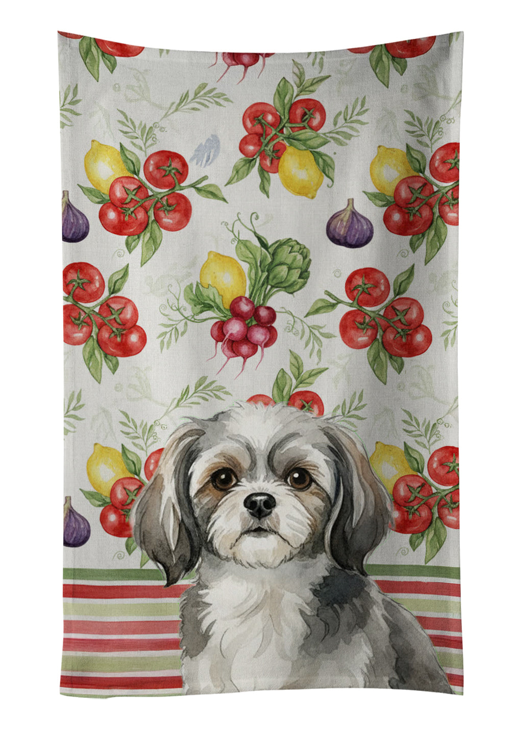 Grey and White Tibetan Spaniel Vegetables Kitchen Towel Velour Plush Front and Cotton Loop Back Machine Washable
