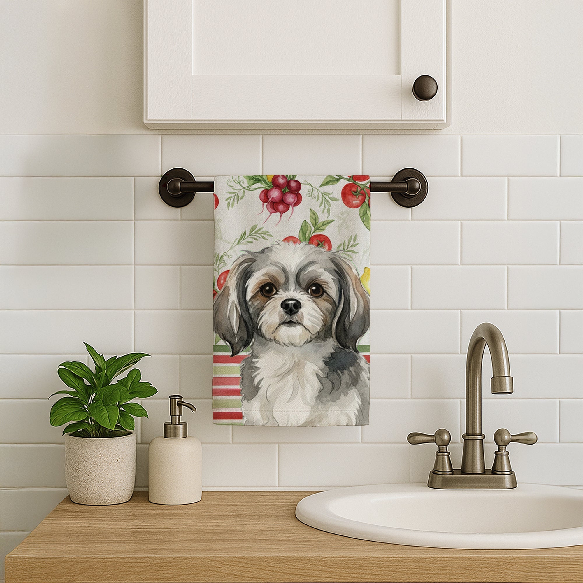 Grey and White Tibetan Spaniel Vegetables Kitchen Towel Velour Plush Front and Cotton Loop Back Machine Washable