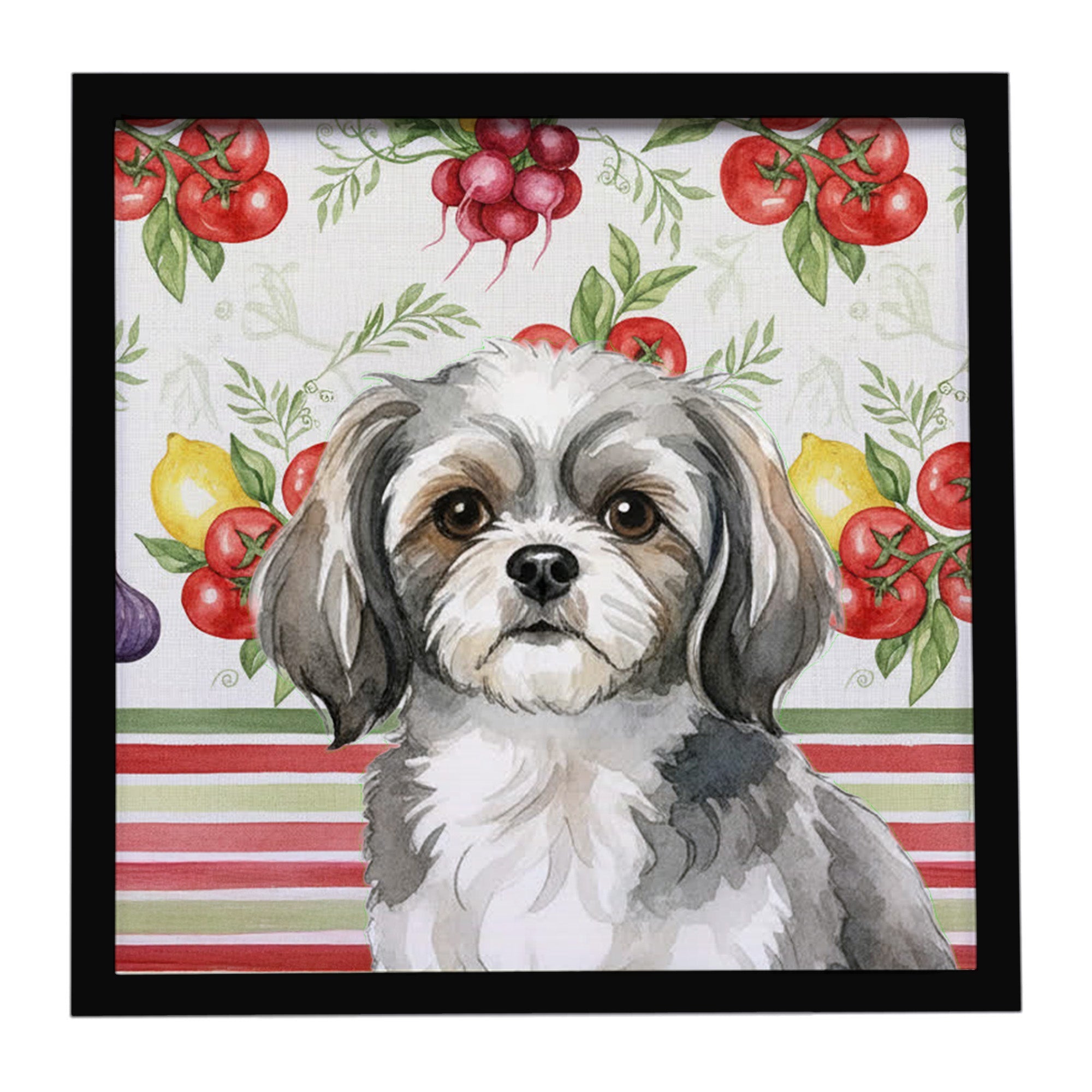 Grey and White Tibetan Spaniel Vegetables Framed Metal Print Bathroom, Kitchen, Office, Home Decor Wall Art Ready to Hang, Square, 8X8