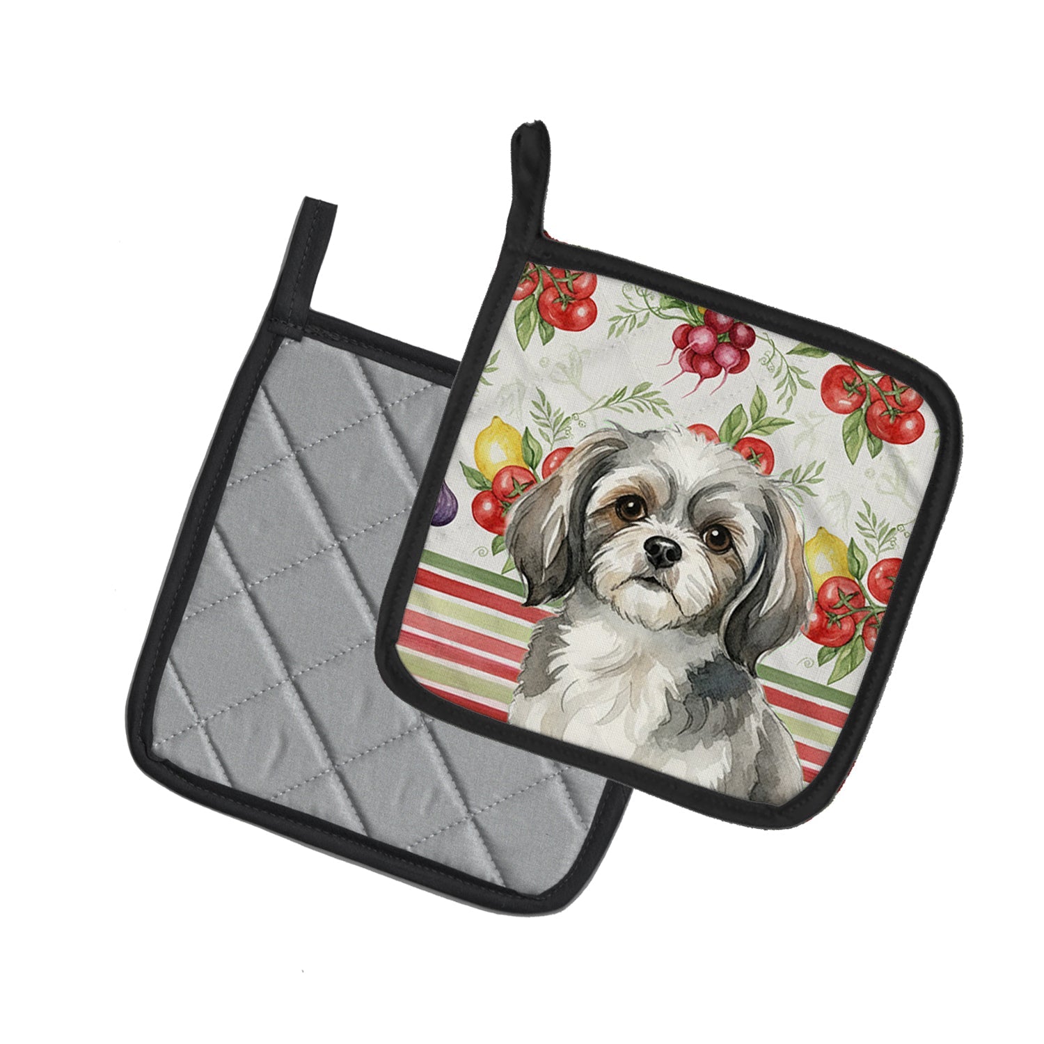 Grey and White Tibetan Spaniel Vegetables Pot Holder Set of 2 Heat Resistant Quilted Hot Pads 7.5 x 7.5 Inch, Insulated Kitchen Trivets for Cooking & Baking