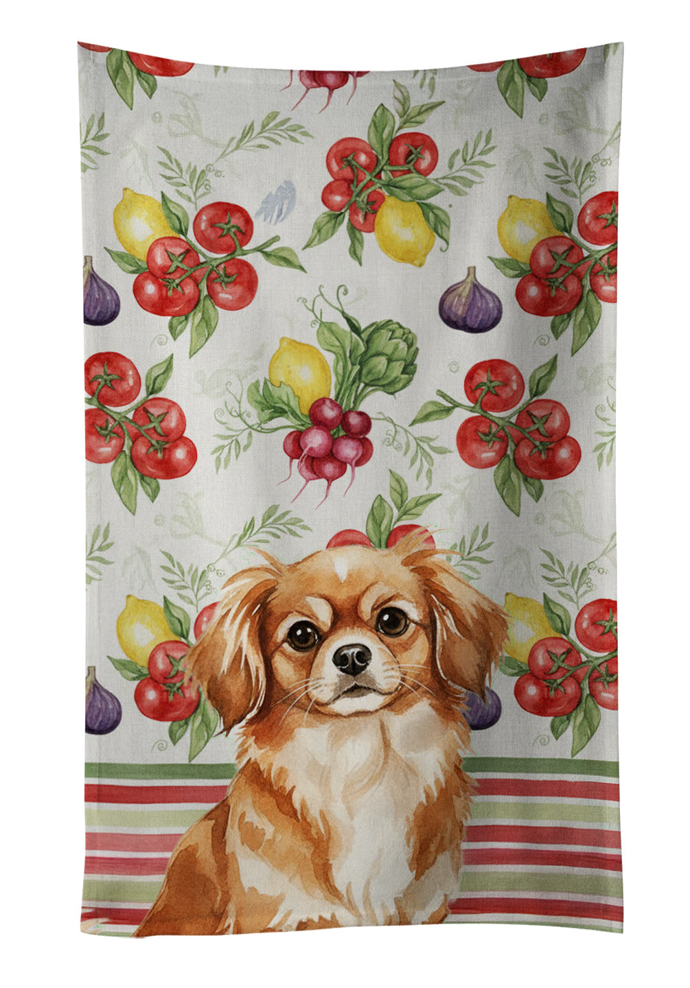 Red Tibetan Spaniel Vegetables Kitchen Towel Velour Plush Front and Cotton Loop Back Machine Washable