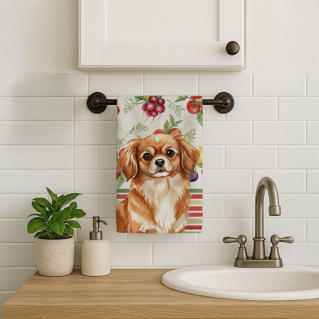 Red Tibetan Spaniel Vegetables Kitchen Towel Velour Plush Front and Cotton Loop Back Machine Washable