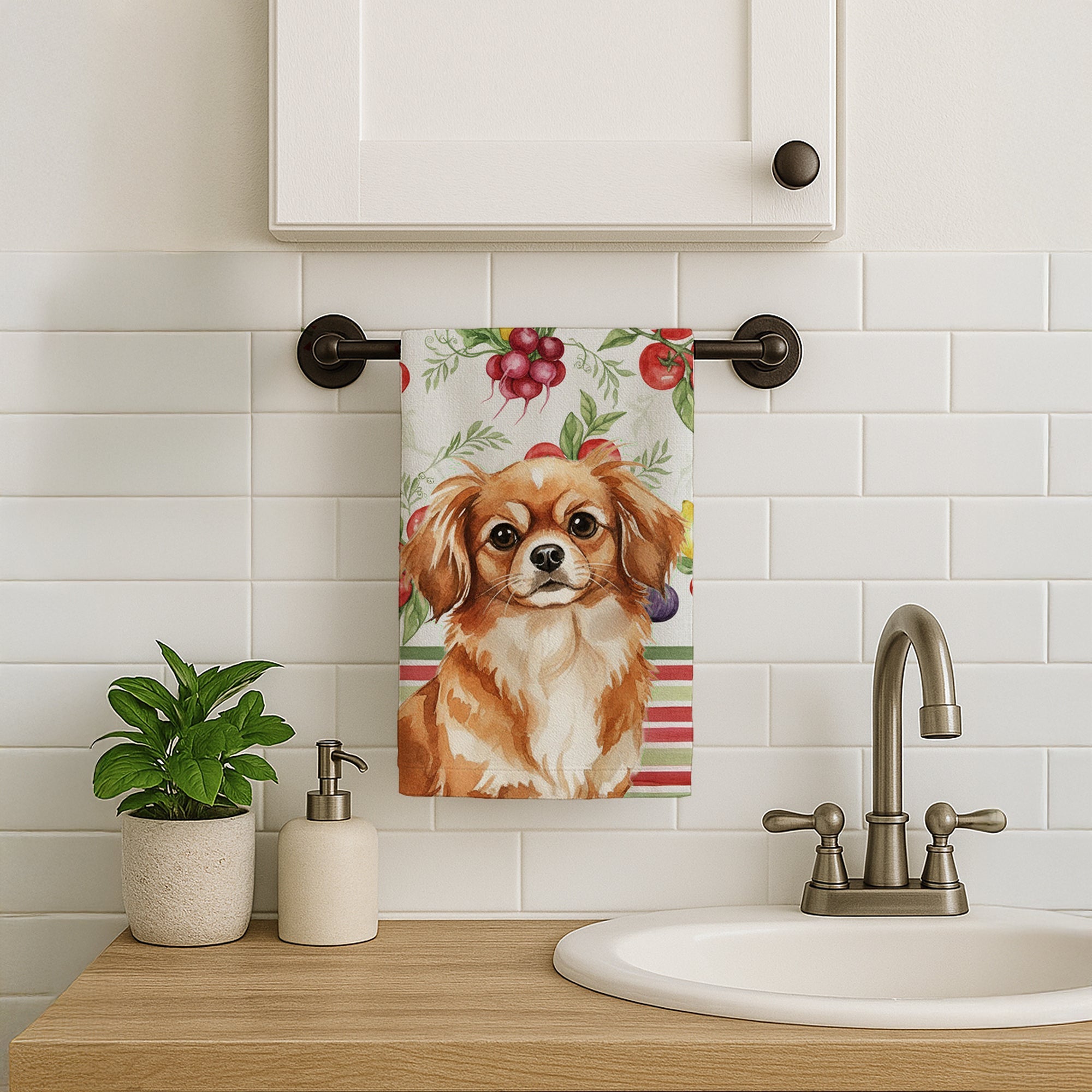 Red Tibetan Spaniel Vegetables Kitchen Towel Velour Plush Front and Cotton Loop Back Machine Washable