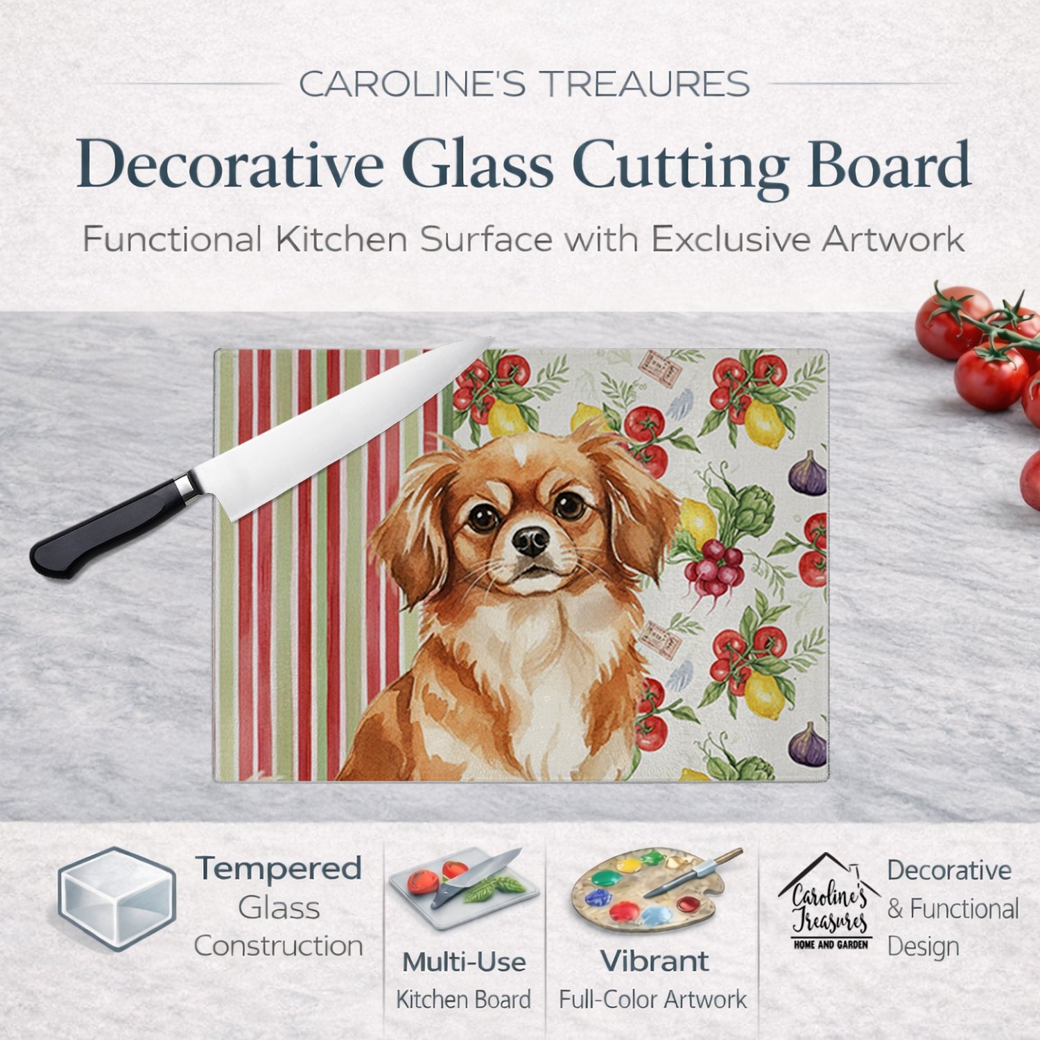 Red Tibetan Spaniel Vegetables Cutting Board Tempered Glass Kitchen Cutting Surface, Heat Resistant Chopping, Non-Slip Feet, Food Prep & Serving