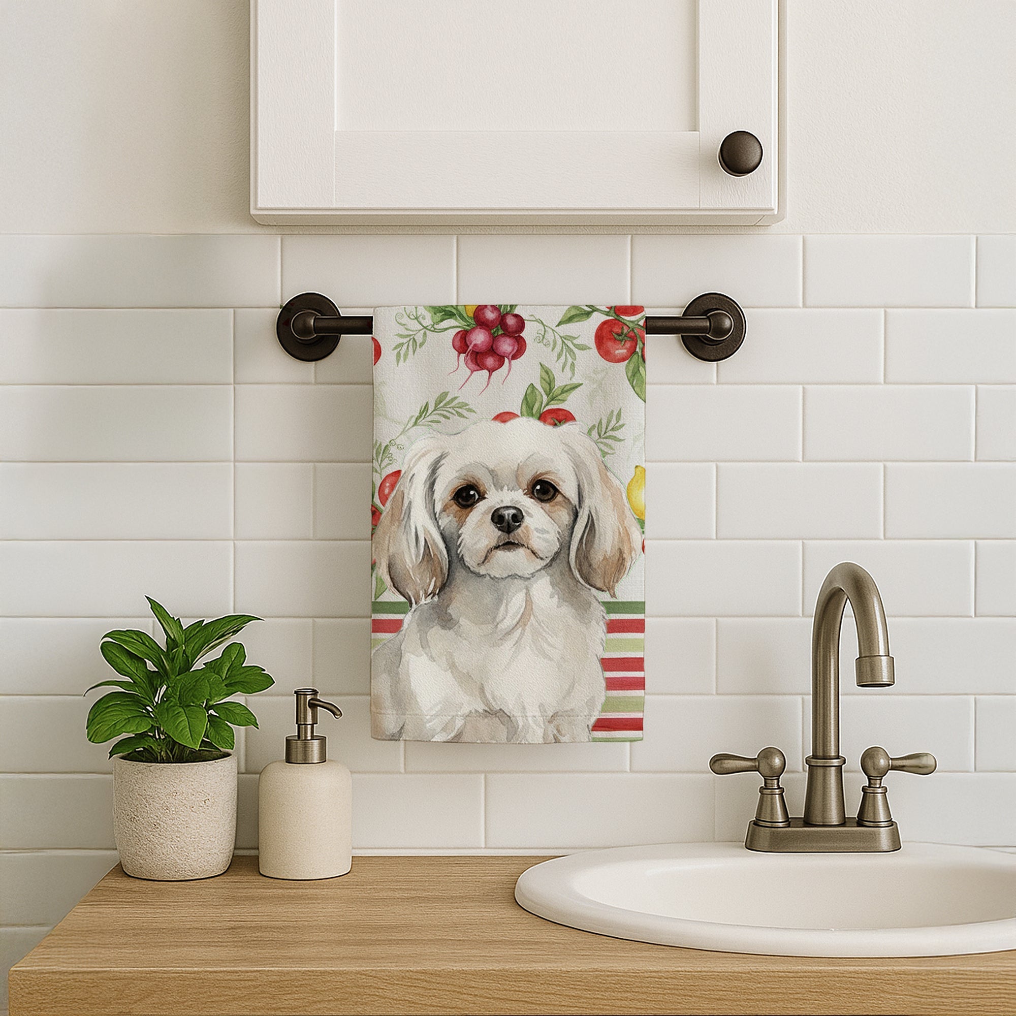 White Tibetan Spaniel Vegetables Kitchen Towel Velour Plush Front and Cotton Loop Back Machine Washable
