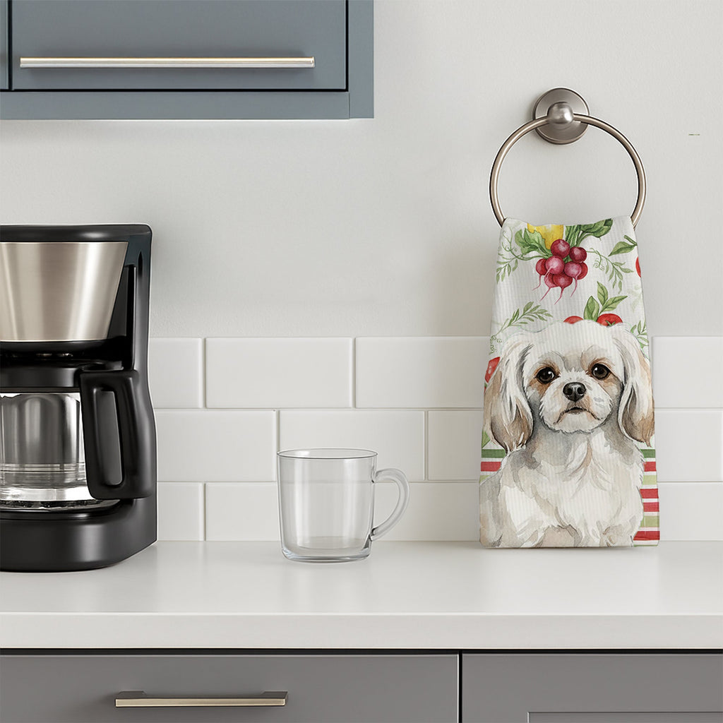 White Tibetan Spaniel Vegetables Kitchen Towel Velour Plush Front and Cotton Loop Back Machine Washable