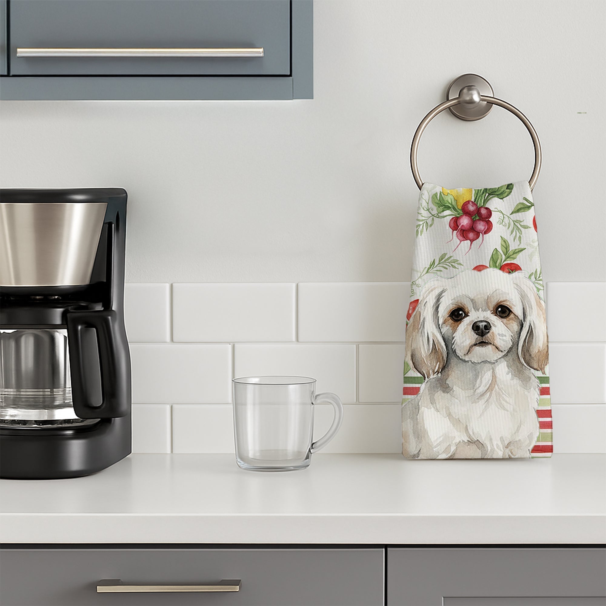 White Tibetan Spaniel Vegetables Kitchen Towel Velour Plush Front and Cotton Loop Back Machine Washable