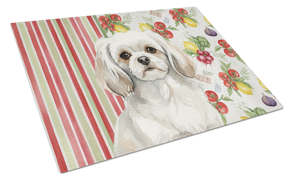 White Tibetan Spaniel Vegetables Cutting Board Tempered Glass Kitchen Cutting Surface, Heat Resistant Chopping, Non-Slip Feet, Food Prep & Serving