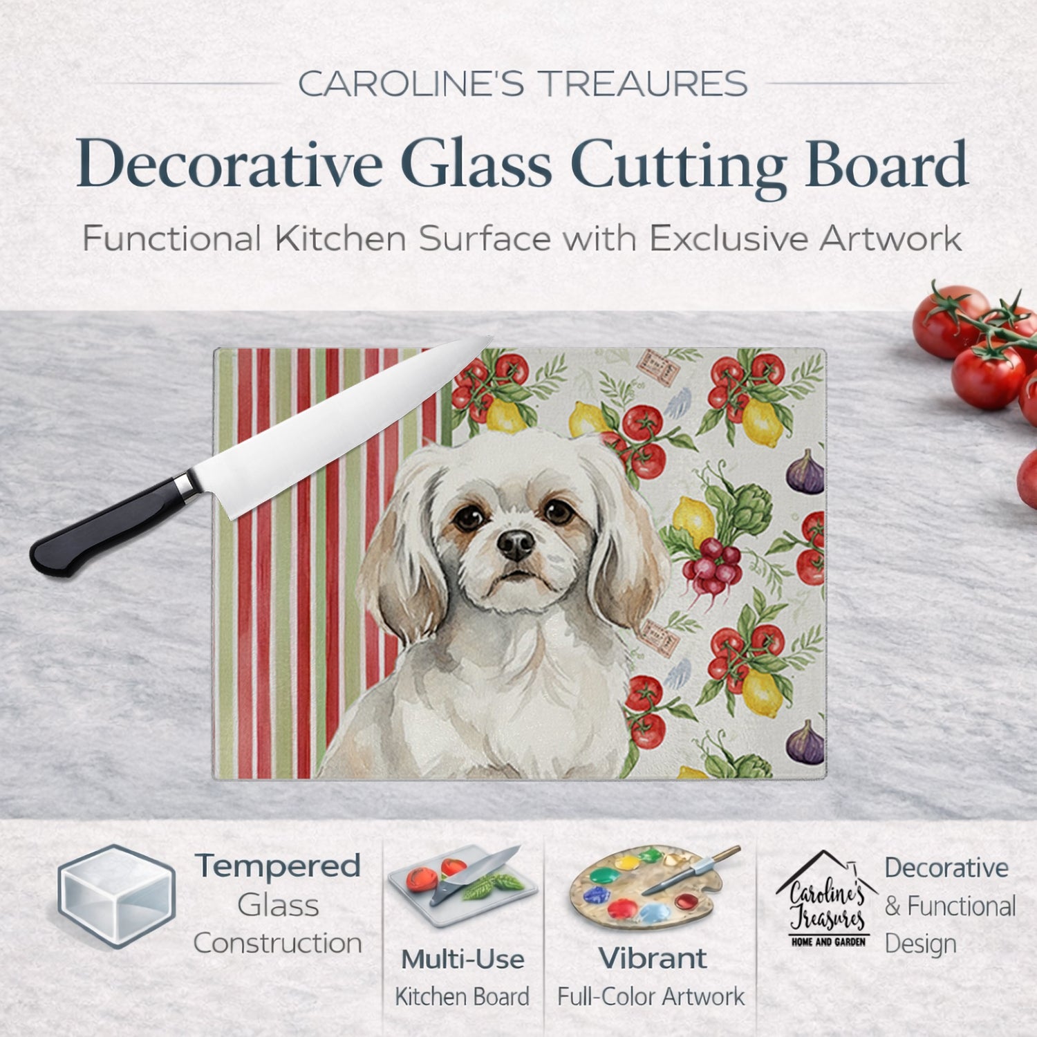 White Tibetan Spaniel Vegetables Cutting Board Tempered Glass Kitchen Cutting Surface, Heat Resistant Chopping, Non-Slip Feet, Food Prep & Serving