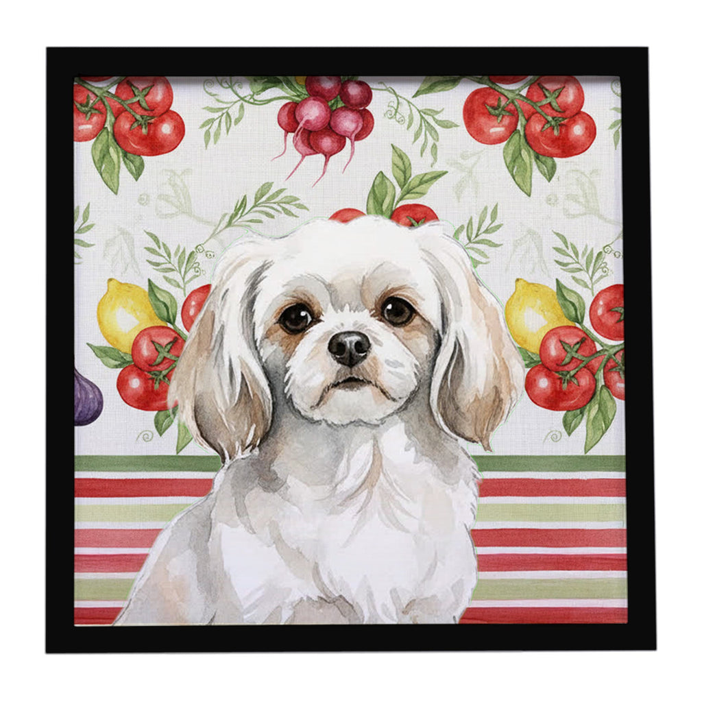 White Tibetan Spaniel Vegetables Framed Metal Print Bathroom, Kitchen, Office, Home Decor Wall Art Ready to Hang, Square, 8X8