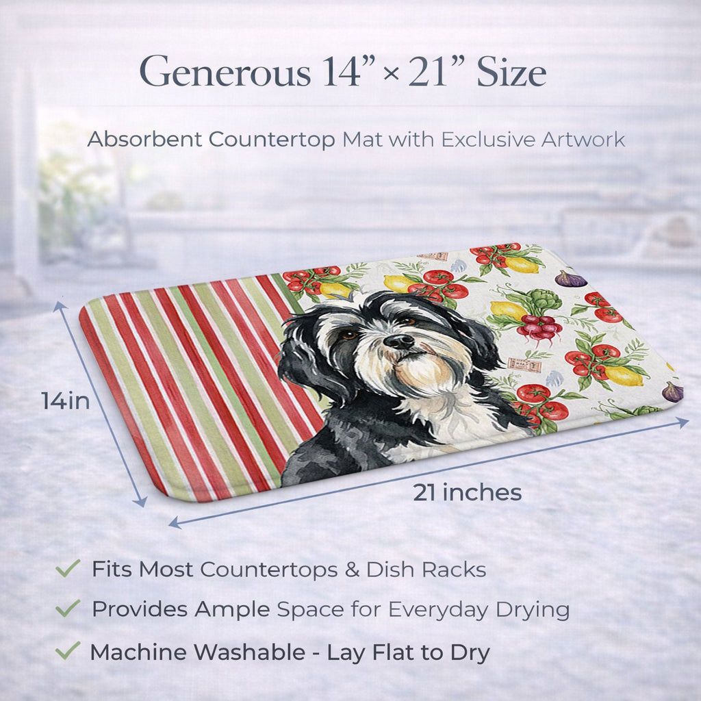 Black and White Tibetan Terrier Vegetables Dish Drying Mat Absorbent Dish Drying Mat Pad for Kitchen Counter Dish Drainer Mat for Countertop, 14 x 21", Multicolor