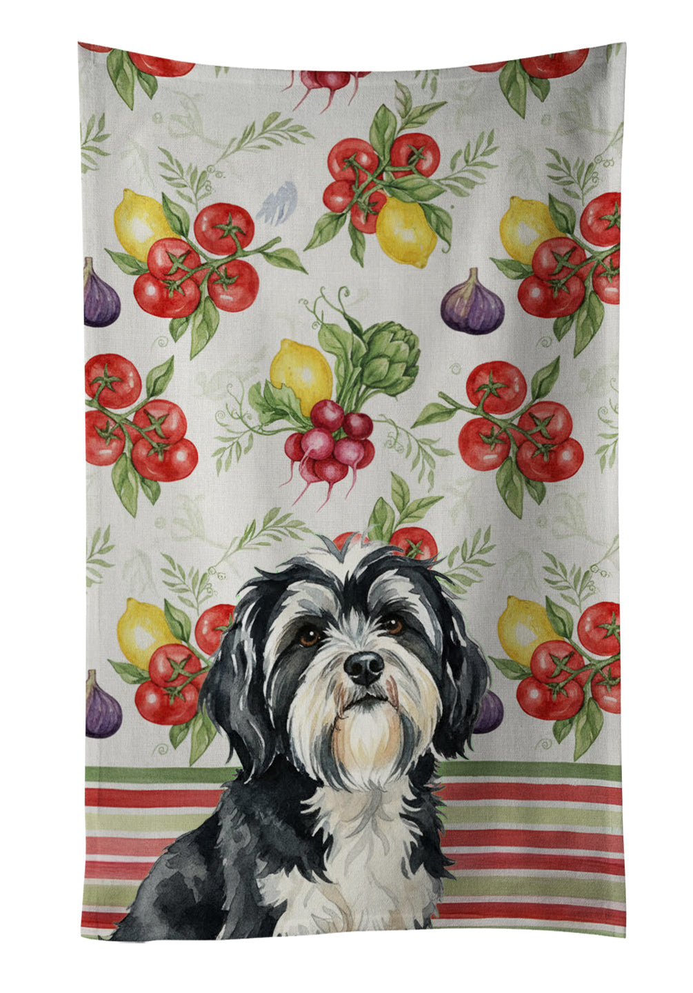Black and White Tibetan Terrier Vegetables Kitchen Towel Velour Plush Front and Cotton Loop Back Machine Washable