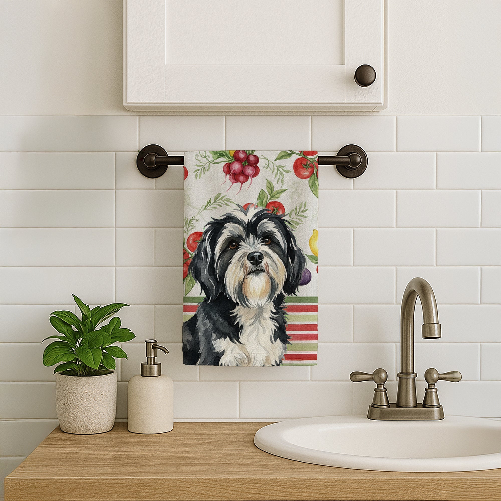 Black and White Tibetan Terrier Vegetables Kitchen Towel Velour Plush Front and Cotton Loop Back Machine Washable