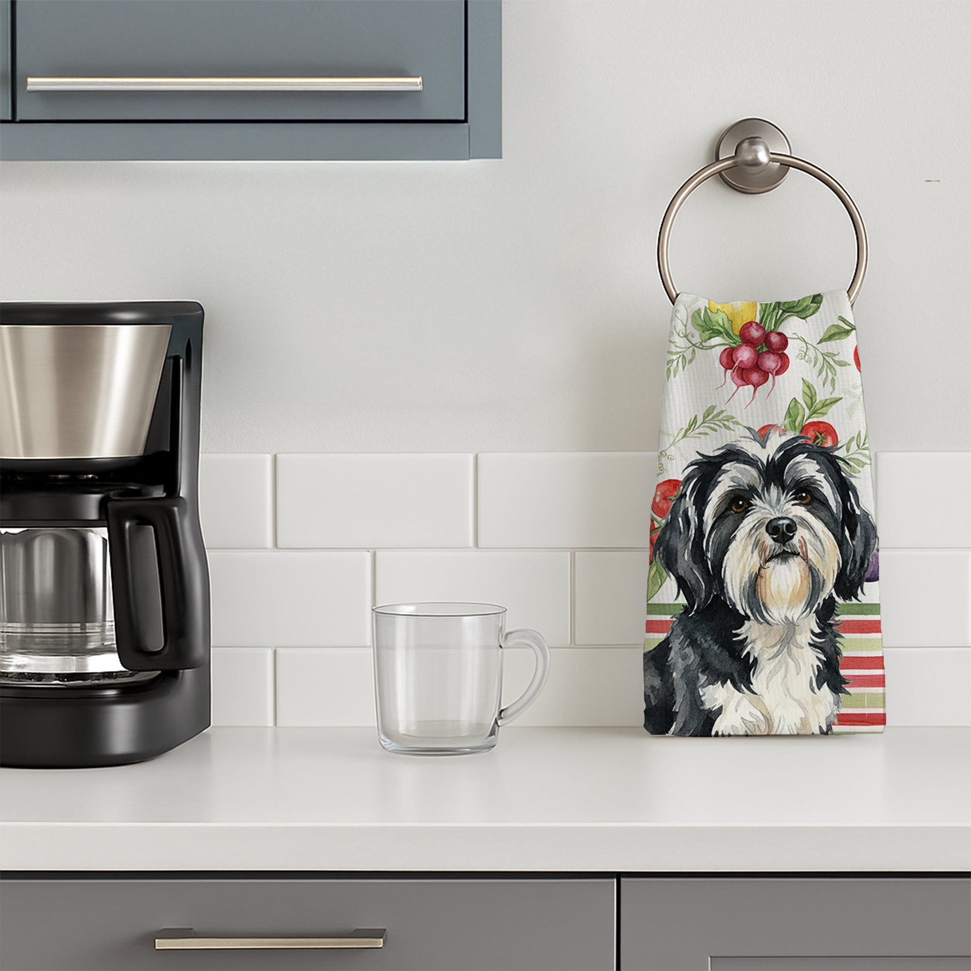 Black and White Tibetan Terrier Vegetables Kitchen Towel Velour Plush Front and Cotton Loop Back Machine Washable