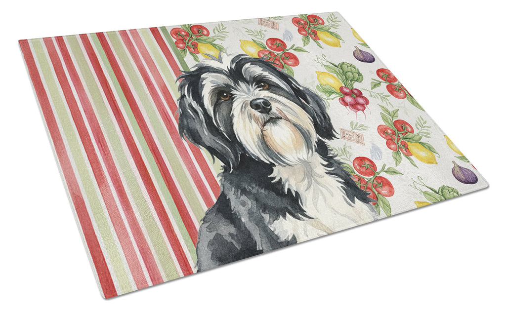 Black and White Tibetan Terrier Vegetables Cutting Board Tempered Glass Kitchen Cutting Surface, Heat Resistant Chopping, Non-Slip Feet, Food Prep & Serving