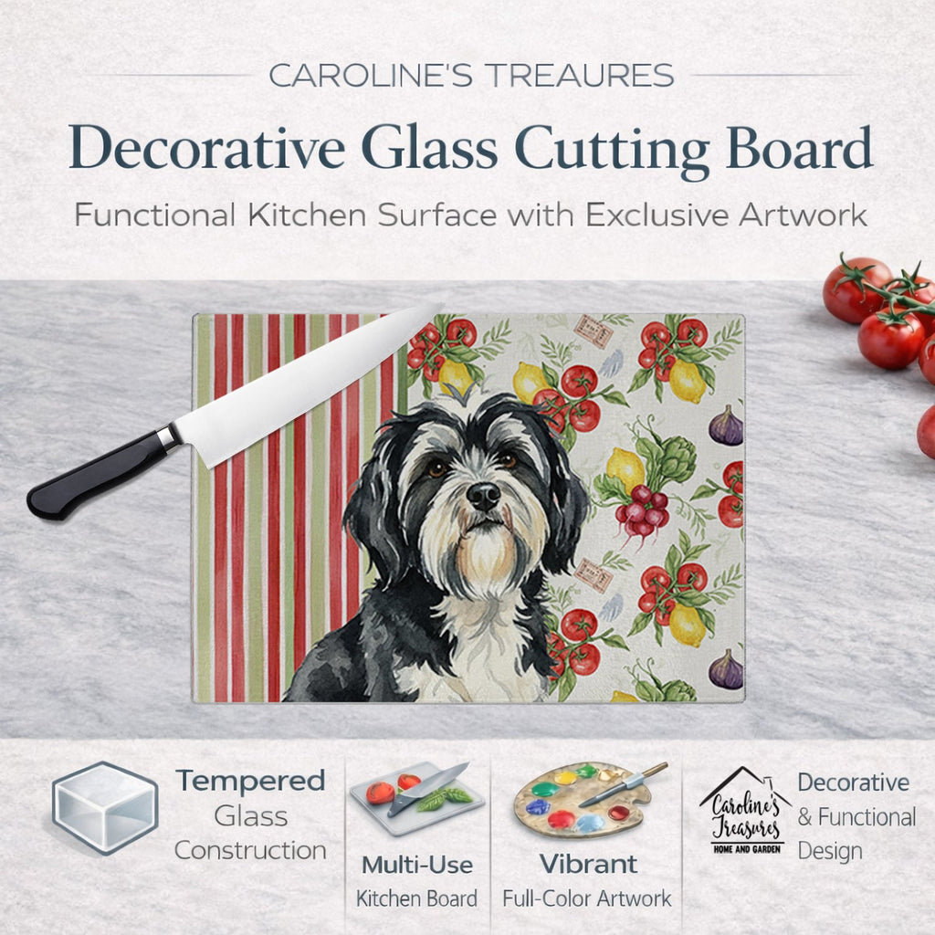 Black and White Tibetan Terrier Vegetables Cutting Board Tempered Glass Kitchen Cutting Surface, Heat Resistant Chopping, Non-Slip Feet, Food Prep & Serving