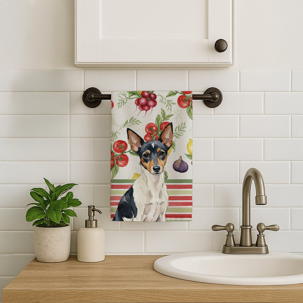 Toy Fox Terrier Vegetables Kitchen Towel Velour Plush Front and Cotton Loop Back Machine Washable