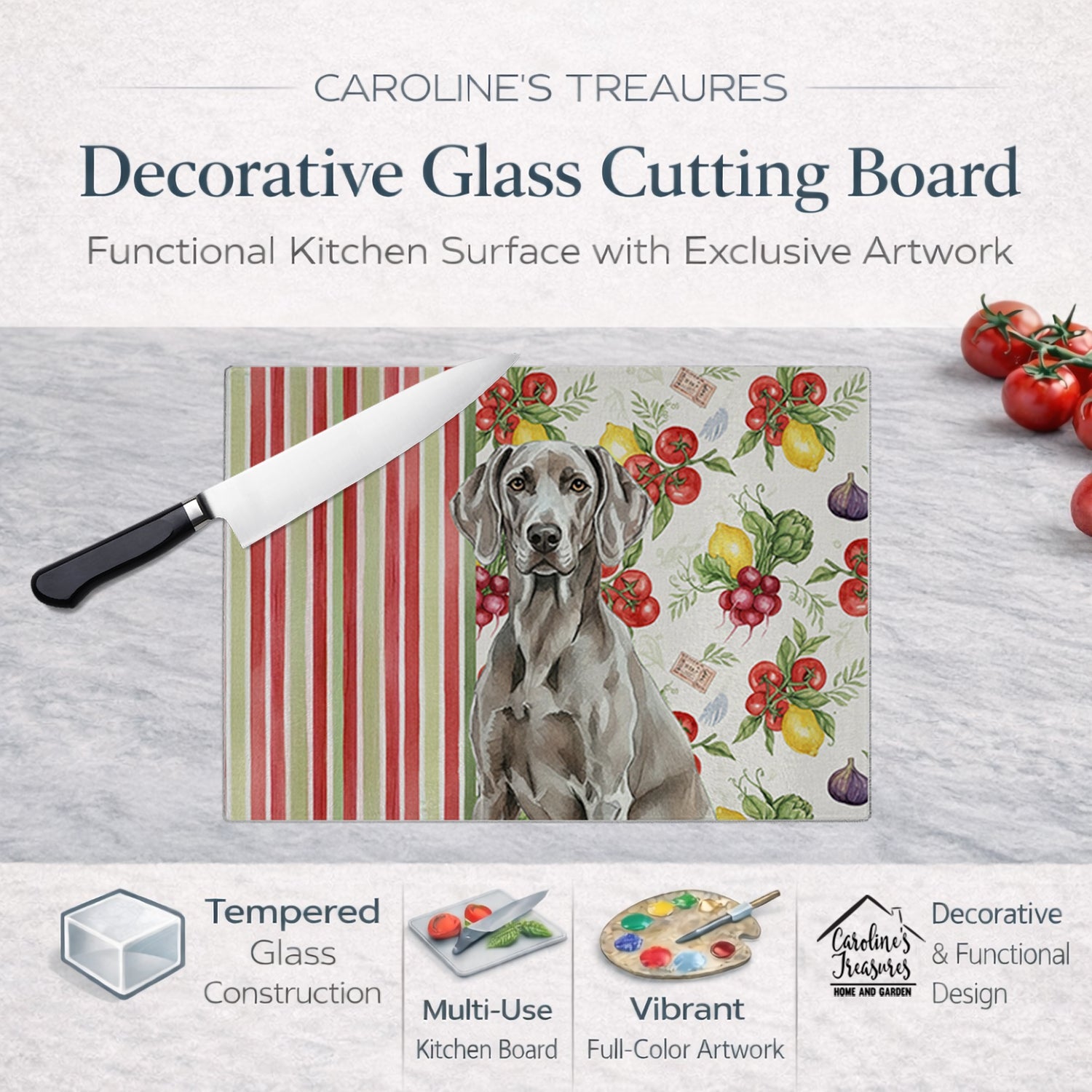 Weimaraner Vegetables Cutting Board Tempered Glass Kitchen Cutting Surface, Heat Resistant Chopping, Non-Slip Feet, Food Prep & Serving