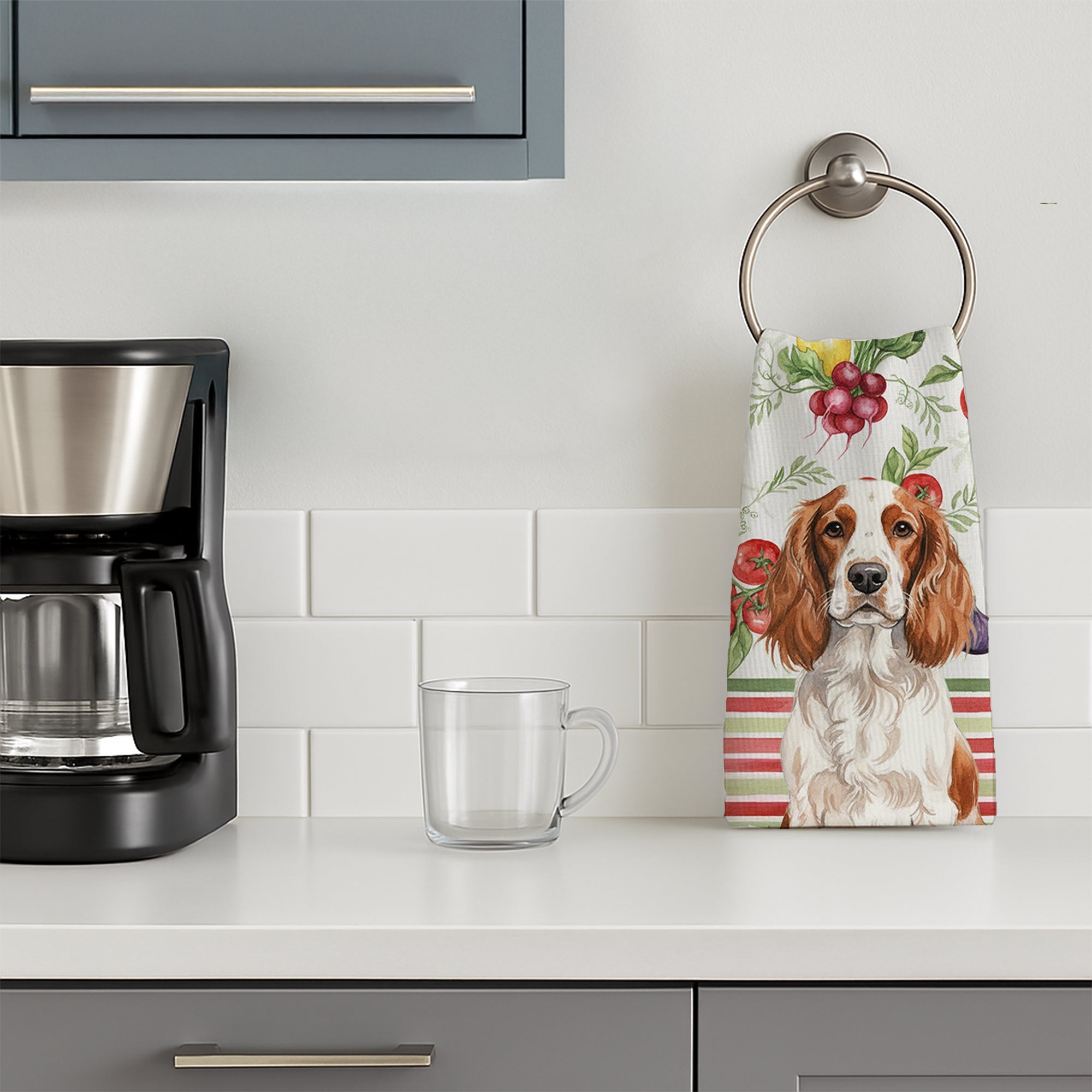 Welsh Springer Spaniel Vegetables Kitchen Towel Velour Plush Front and Cotton Loop Back Machine Washable