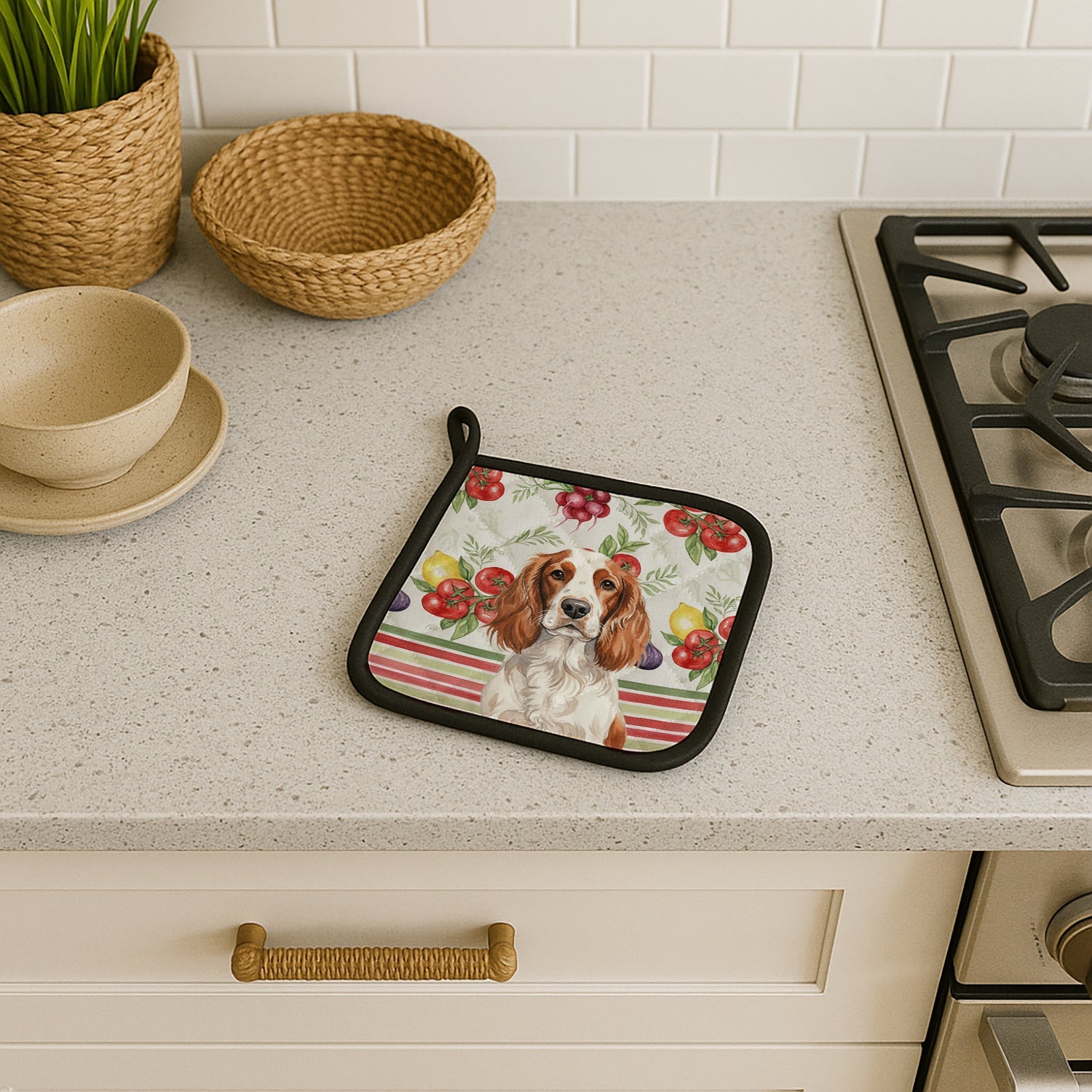 Welsh Springer Spaniel Vegetables Pot Holder Set of 2 Heat Resistant Quilted Hot Pads 7.5 x 7.5 Inch, Insulated Kitchen Trivets for Cooking & Baking