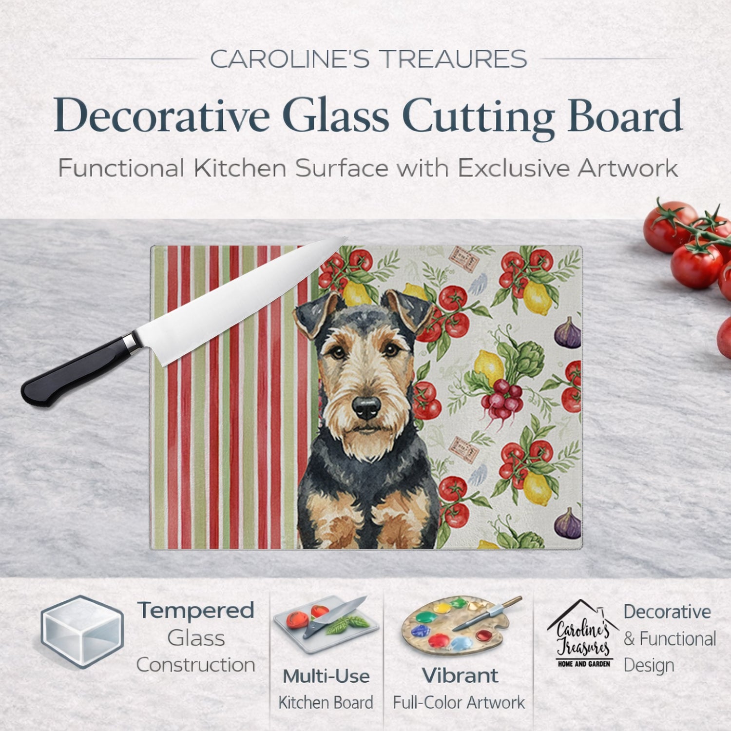 Welsh Terrier Vegetables Cutting Board Tempered Glass Kitchen Cutting Surface, Heat Resistant Chopping, Non-Slip Feet, Food Prep & Serving